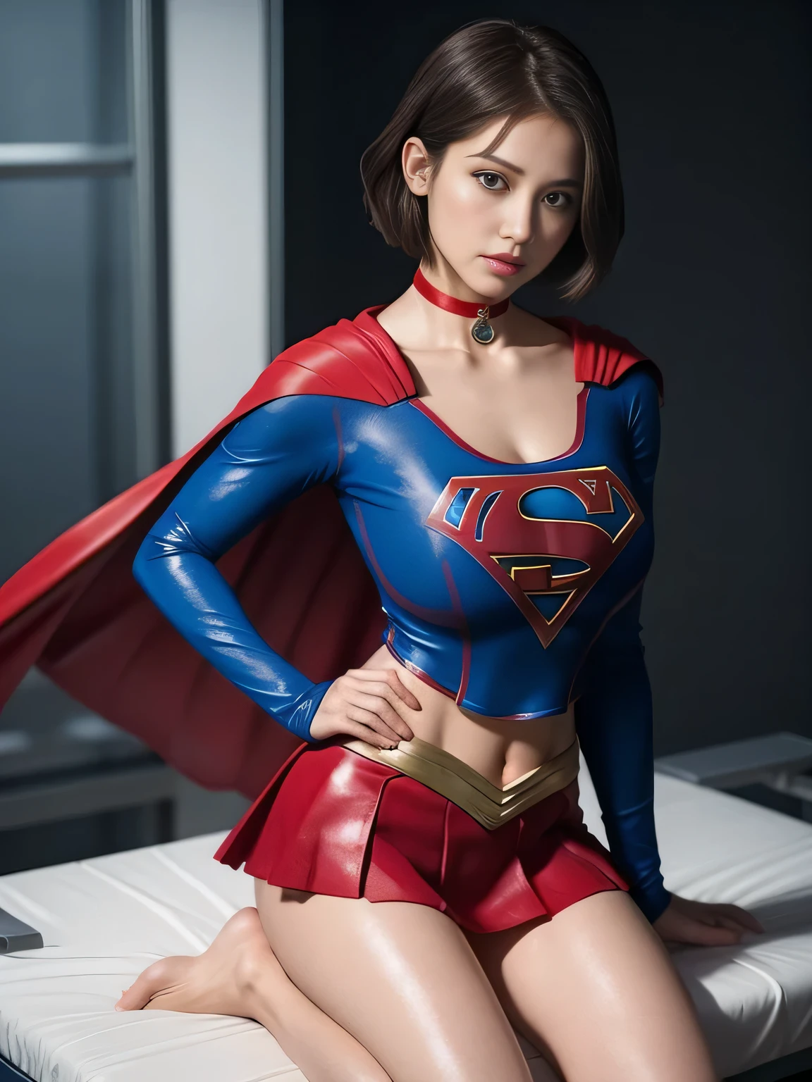masterpiece、supergirl costume、short hair、barefoot、big and full breasts、Experimental facility、operating table、straddle、Tattered、shiny、look at the camera、Seduce、choker、red mini skirt、long sleeve