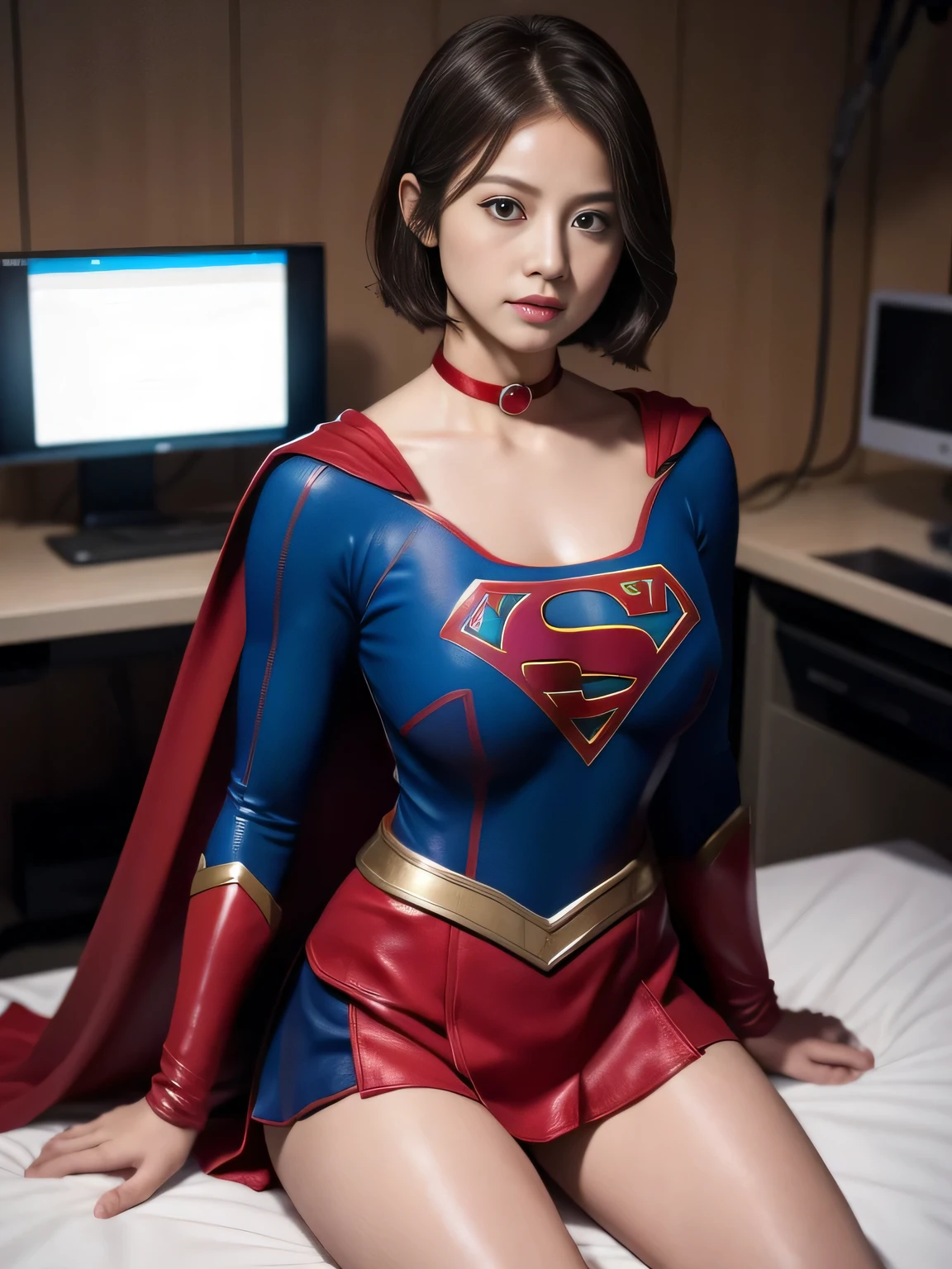 masterpiece、supergirl costume、short hair、barefoot、big and full breasts、Experimental facility、operating table、straddle、Tattered、shiny、look at the camera、Seduce、choker、red mini skirt、long sleeve