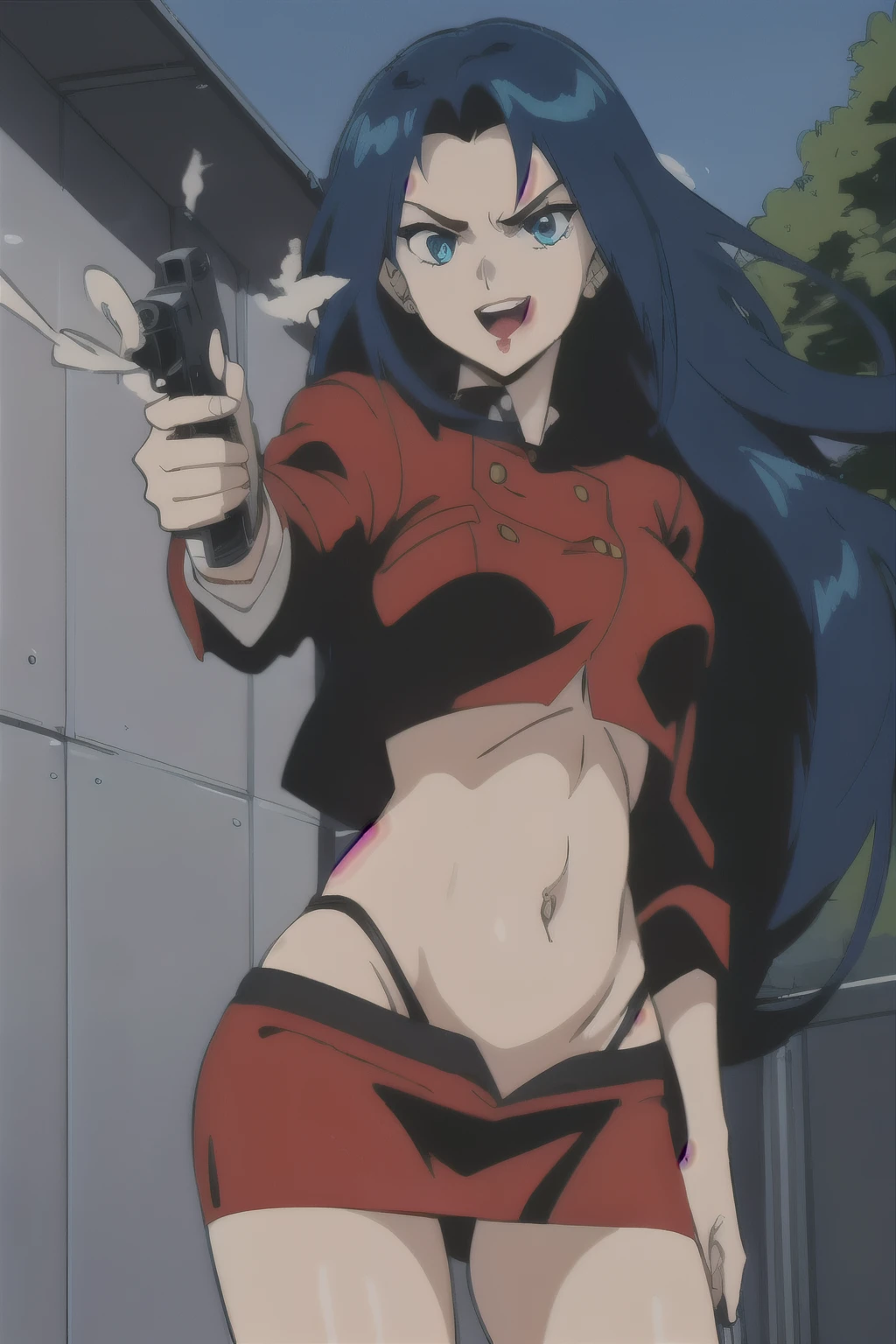 a woman with blue hair , Ai-Mitsu, anime art style,
Sophine,1girl,black hair,longhair,blue eyes,red_lips_,
red jacket, masterpiece, best quality, highly detailed, a girls with a gun, open mouth, blazer, sexy gaze, (nsfw) not
safe for work, badass pose , evil smile, smile, guns blazing, anime girl with long hair, beautiful long
haired girl, navel, evil expression, exposed belly, exposed navel, exposed midriff, exposed lower belly,
micro miniskirt, micro pencil skirt, pencil skirt ,holding a gun, outdoor,street,road, navel piercing ,
smoking cigarette, cigarette in mouth