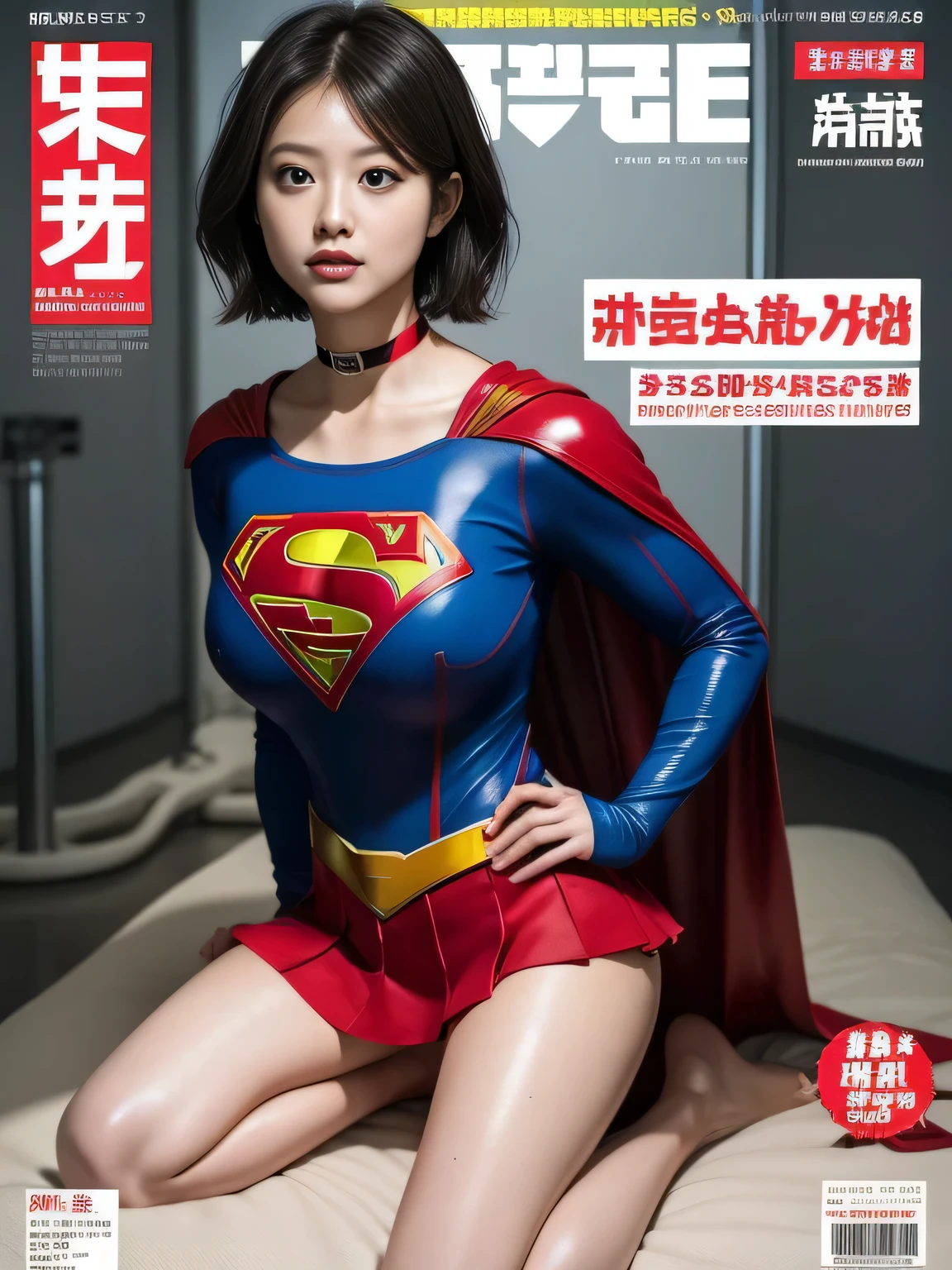 masterpiece、supergirl costume、short hair、barefoot、big and full breasts、Weekly magazine cover、Experimental facility、operating table、straddle、Tattered、shiny、look at the camera、Seduce、choker、red mini skirt、long sleeve,model body shape、from right in front