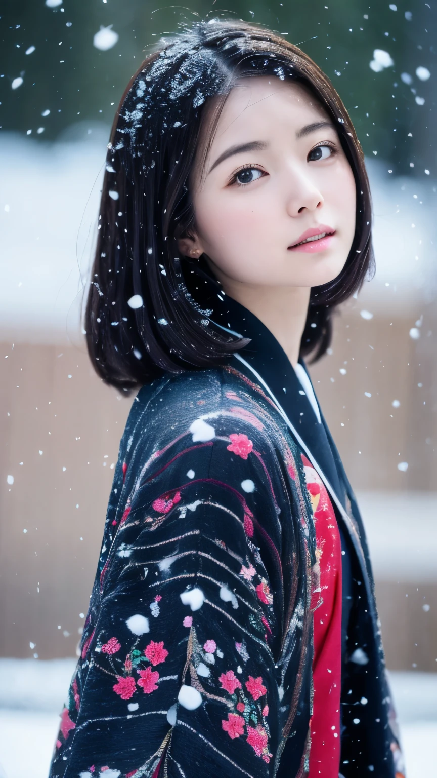 (kimono)、、(highest quality,masterpiece:1.3,超A high resolution,),(super detailed,caustics),(Photoreal:1.4,RAW shooting,)ultra-realistic capture,very detailed,High definition 16K for human skin、 The texture of the skin is natural、、Skin looks even-toned and healthy、 Use natural light and color,one woman,Japanese,,cute,black haired,middle hair,(Depth of the bounds written、chromatic aberration、、wide lighting range、natural shading、)、、(falling snow:1.3)、(hair swaying in the wind:1.3)、(Snow reflects light:1.3)