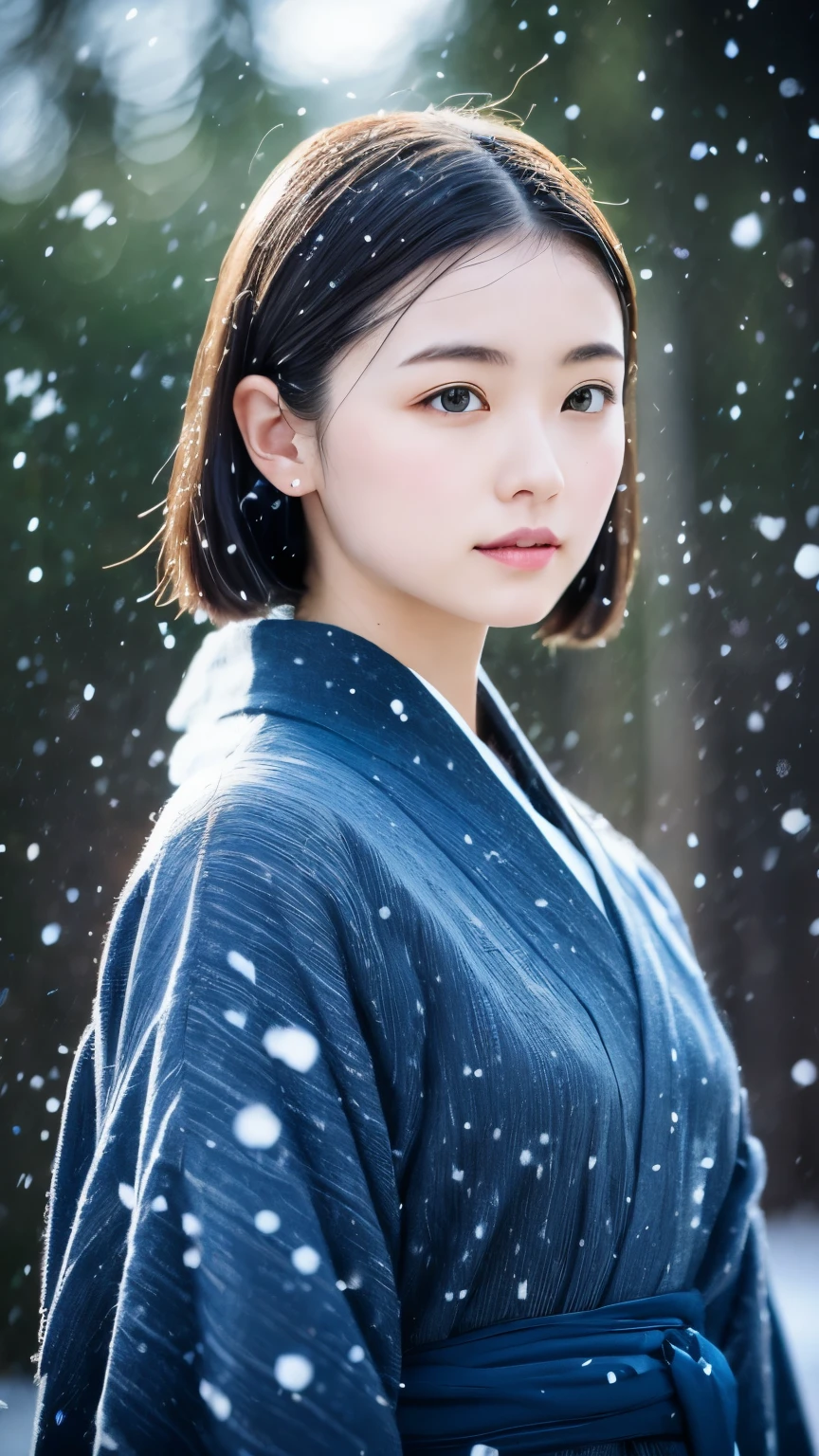 (kimono)、、(highest quality,masterpiece:1.3,超A high resolution,),(super detailed,caustics),(Photoreal:1.4,RAW shooting,)ultra-realistic capture,very detailed,High definition 16K for human skin、 The texture of the skin is natural、、Skin looks even-toned and healthy、 Use natural light and color,one woman,Japanese,,cute,black haired,middle hair,(Depth of the bounds written、chromatic aberration、、wide lighting range、natural shading、)、、(falling snow:1.3)、(hair swaying in the wind:1.3)、(Snow reflects light:1.3)