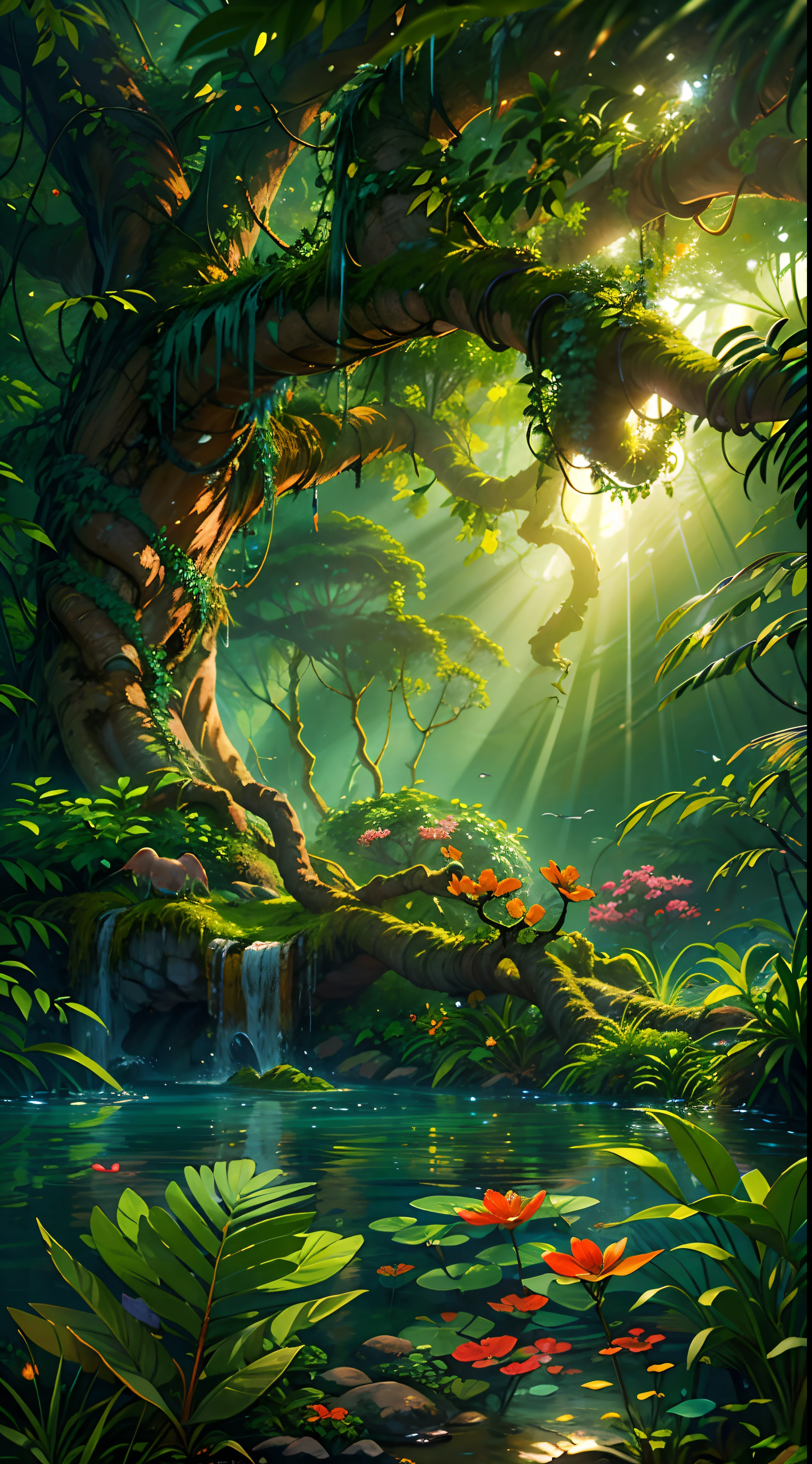 (highest quality,4k,8k,High resolution,masterpiece:1.2),super detailed,(realistic,photorealistic,photo-realistic:1.37),fantasy jungle,Giant,An old tree appears,trees grow from water,giant tropical leaves,partially submerged in water,Mysterious,enchanting atmosphere,sparkling sunlight,translucent water,colorful red and blue tree with vibrant,Exotic foliage,lush green,tropical plants,brightly colored flowers,butterflies fly around,colorful parrots perched on branches,lush green,Bright green moss covering the tree trunk,majestic,Vines hanging and swaying from tree branches,ethereal,air full of fog,Small floating jellyfish illuminated by underwater lights,subtle reflections on the water surface,Gentle ripples created by floating leaves,peaceful and calm,Hidden creatures peeking out from the leaves of trees,Dappled light shining through the tree canopy,Magic,Dreamy scenery,evoke a sense of wonder and awe,colorful,Otherworldly flora and fauna,息を呑むような超realistic,Mysterious領域への逃避,Invites the viewer to explore and get lost in its beauty.。