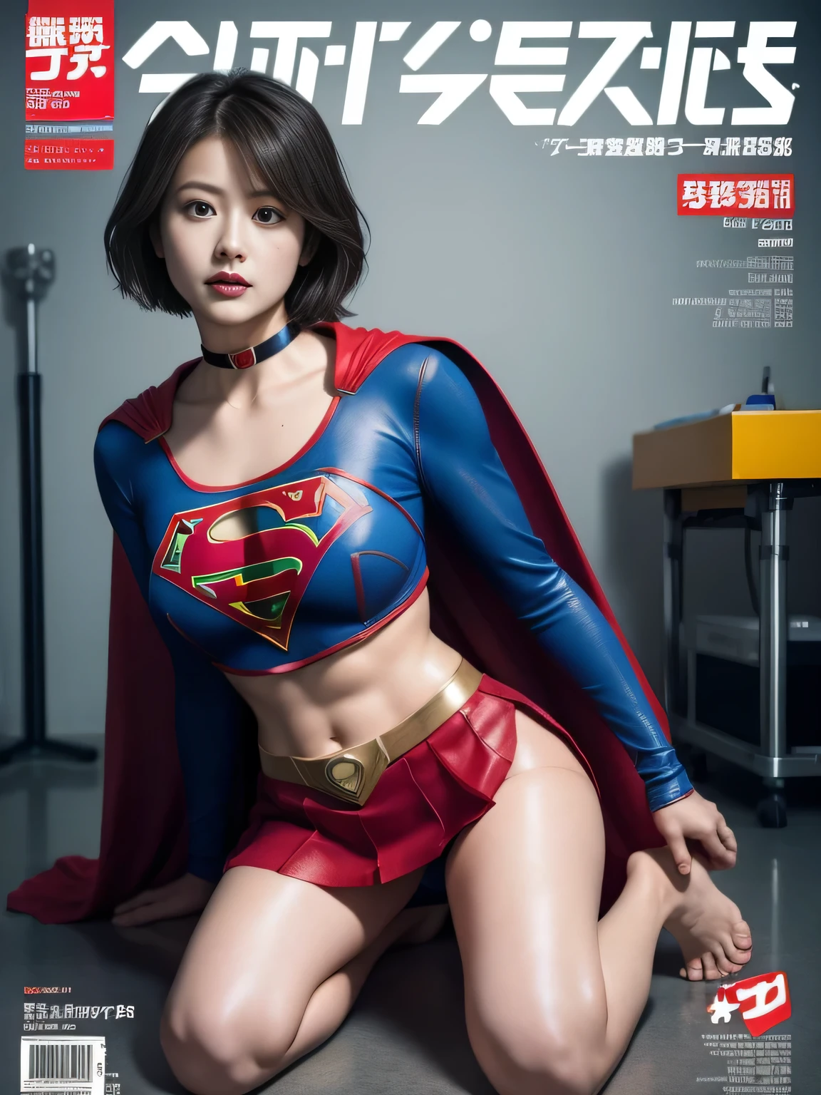 masterpiece、supergirl costume、short hair、barefoot、big and full breasts、Weekly magazine cover、Experimental facility、operating table、straddle、Tattered、shiny、look at the camera、Seduce、choker、red mini skirt、long sleeve、from right in front