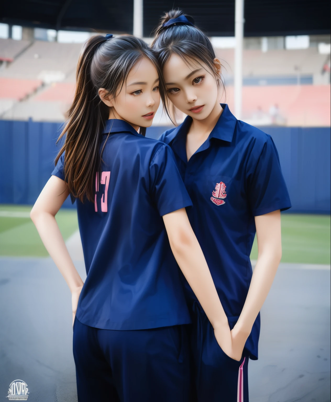 (best quality,10,10,height,Masterpiece:1.2),Special details,(realistic,ภาพrealistic,Realistic photos:1.37),1 cute girl on the football field,shiny, ผิวshiny,only,smile softly,BDclothelue shirt:1.3)),short sleeve,shirt, กางเกงขาlong.,(navy_long_track pants:1.1), ((stadium background:1.3)),Dynamic angle,excited,Face focus,dynamic poses,from behind,focus on ass,Masterpiece, best quality, ultra realistic, hyper-detail, 8K resolution, raw photos, Sharp focus, ((Navy blue shirt:1.1)), short sleeve, เส้นทางlong, perfect body, 2 mature women, 18 years old, Cinema-grade lighting system,blue sweatpants,shirtผ้าออกกำลังกาย,correct anatomy,perfect body, correct body, Sharp face, correct bodyทางกายวิภาค, full body, realistic gestures, long-haired, realistic poses,Wear long shorts................................,ช่วงขาlong,Good shape,carved girl, Slender figure, model, Good shape, beautiful body,blue sweatpants, two girls kissing