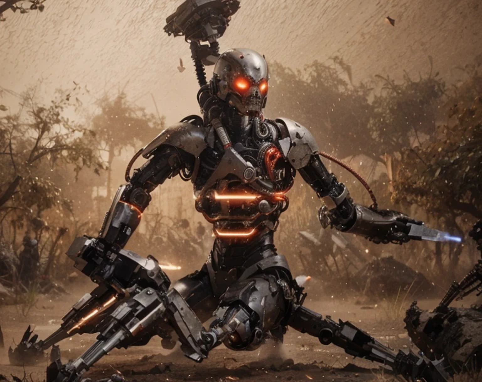 Ultra advanced cyborg zombie biological human head with cybernetic inserts, black and red metal armor, Cables and tubes surround his body, insectoid mechanical legs, his hands are laser cannons, laser cannon on his back, He is in the middle of sand desert, Sunny day, 4k, ultra detailed image, realistic, highly detailed, perfect composition, splendid, intricately detailed, incredibly detailed, 8k art photography, hyper detailed, Masterpiece, ultra detailed, hyper realistic, 4k, ultra detailed image, realistic, very detailed, perfect composition, splendid, intricately detailed, incredibly detailed, Artistic photography in 8K, hyper detailed