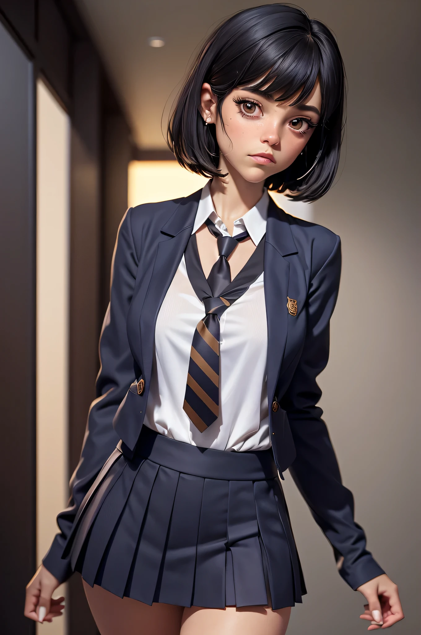 Jenna Ortega, 16 years, gynoid physics, (One:1.1), Jenna Ortega, perfect face, (((night skirt suit))), (((pleated school miniskirt))), (((night color jacket))), (((Silk tie))), Windsor tie, (((White shirt))), cup size three, (((Night color miniskirt with 1 horizontal gold stripe))), One focus, fully dressed, elegantly dressed, Grumpy expression, closed mouth, short hair, straight bangs, long bangs, Hair parted in the middle, black hair, Dark brown eyes, beautiful detailed eyes，bright students，（very good and beautiful), (Beautiful and detailed description of the eyes), [[gentle fingers and hands:0.55]::0.85], (detail fingers), Facing the camera, (Background with：school corridor，mystical atmosphere), (Illustration, cartoon, Masterpiece, very detailed, Best quality，cinematic lighting，muted colors, detailed background, A high resolution)