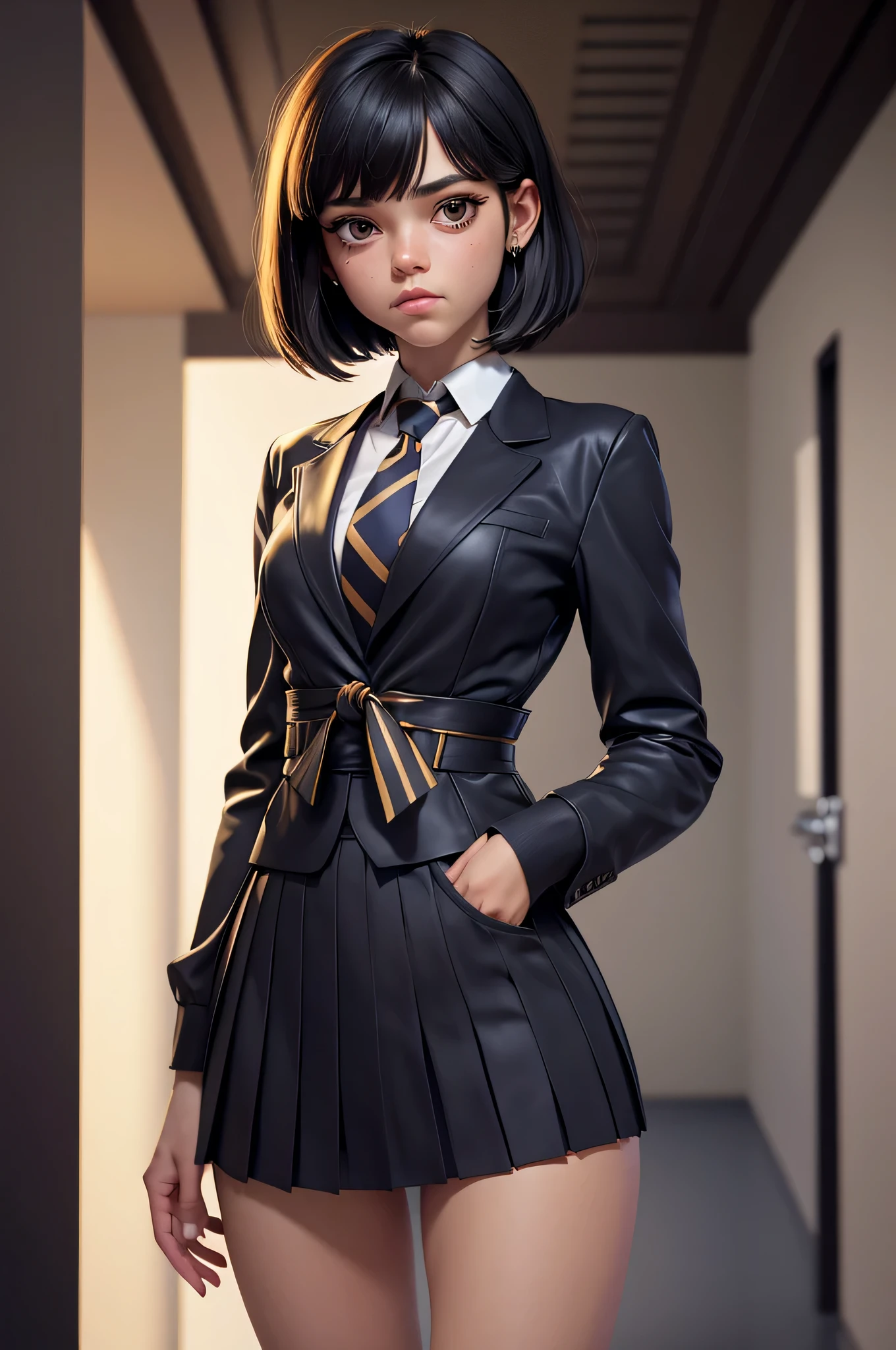 Jenna Ortega, 16 years, gynoid physics, (One:1.1), Jenna Ortega, perfect face, (((night skirt suit))), (((pleated school miniskirt))), (((night color jacket))), (((Silk tie))), Windsor tie, (((White shirt))), cup size three, (((Night color miniskirt with 1 horizontal gold stripe))), One focus, fully dressed, elegantly dressed, Grumpy expression, closed mouth, short hair, straight bangs, long bangs, Hair parted in the middle, black hair, Dark brown eyes, beautiful detailed eyes，bright students，（very good and beautiful), (Beautiful and detailed description of the eyes), [[gentle fingers and hands:0.55]::0.85], (detail fingers), Facing the camera, (Background with：school corridor，mystical atmosphere), (Illustration, cartoon, Masterpiece, very detailed, Best quality，cinematic lighting，muted colors, detailed background, A high resolution)