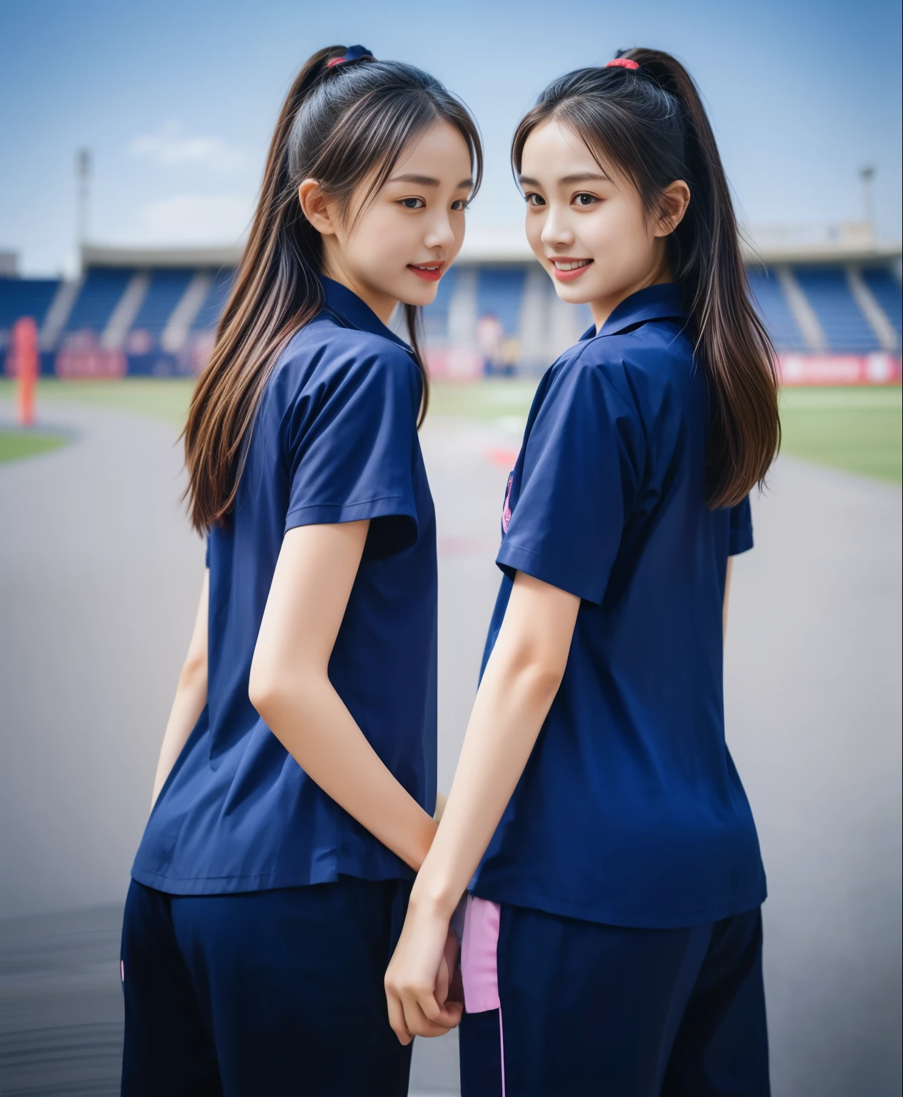 (best quality,10,10,height,Masterpiece:1.2),Special details,(realistic,ภาพrealistic,Realistic photos:1.37),1 cute girl on the football field,shiny, ผิวshiny,only,smile softly,BDclothelue shirt:1.3)),short sleeve,shirt, กางเกงขาlong.,(navy_long_track pants:1.1), ((stadium background:1.3)),Dynamic angle,excited,Face focus,dynamic poses,from behind,focus on ass,Masterpiece, best quality, ultra realistic, hyper-detail, 8K resolution, raw photos, Sharp focus, ((Navy blue shirt:1.1)), short sleeve, เส้นทางlong, perfect body, 2 mature women, 18 years old, Cinema-grade lighting system,blue sweatpants,shirtผ้าออกกำลังกาย,correct anatomy,perfect body, correct body, Sharp face, correct bodyทางกายวิภาค, full body, realistic gestures, long-haired, realistic poses,Wear long shorts................................,ช่วงขาlong,Good shape,carved girl, Slender figure, model, Good shape, beautiful body,blue sweatpants, two girls kissing