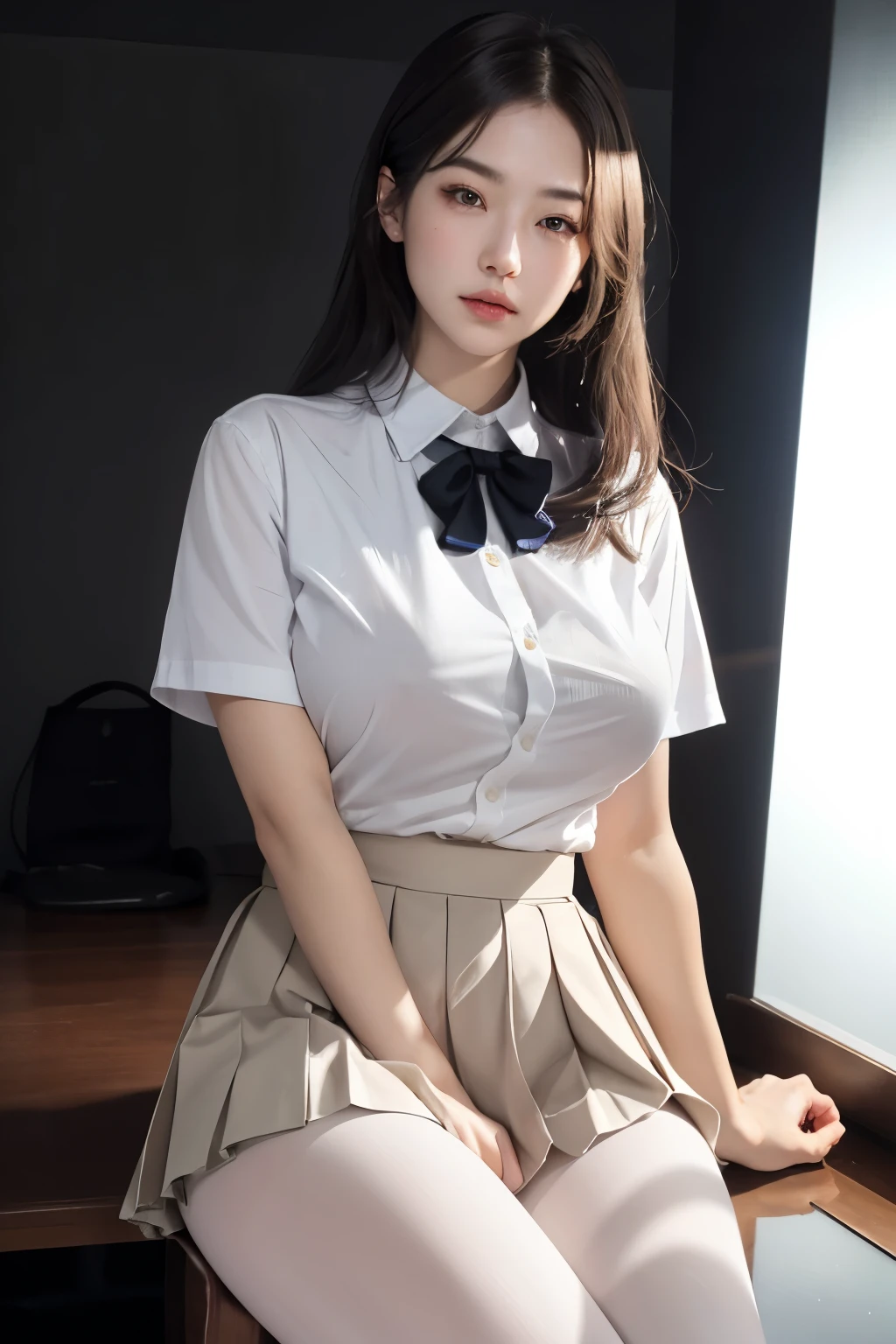 ultra realistic 8k cg, picture-Flawless顔, Flawless, clean, masterpiece, professional artwork, famous works of art, Flawless顔, beautiful face, beautiful eye, ((Flawless女性の体)), alone,(An immersive atmosphere, chiaroscuro:1.5,bright light:1.2,bright lighting)
,,(blush:0.5),fascinating look,very detailed_eye,thick thighs,big breasts,
Beautiful and detailed background,Depth of the bounds written,realistic:1.3, long shot,1 girl,shirt,pleated skirt, school uniform, sitting, whole body,
(ambient light:1.3),(cinematic composition:1.3),(neon light:0.1),(HDR:0.1),accent lighting, white pantyhose,