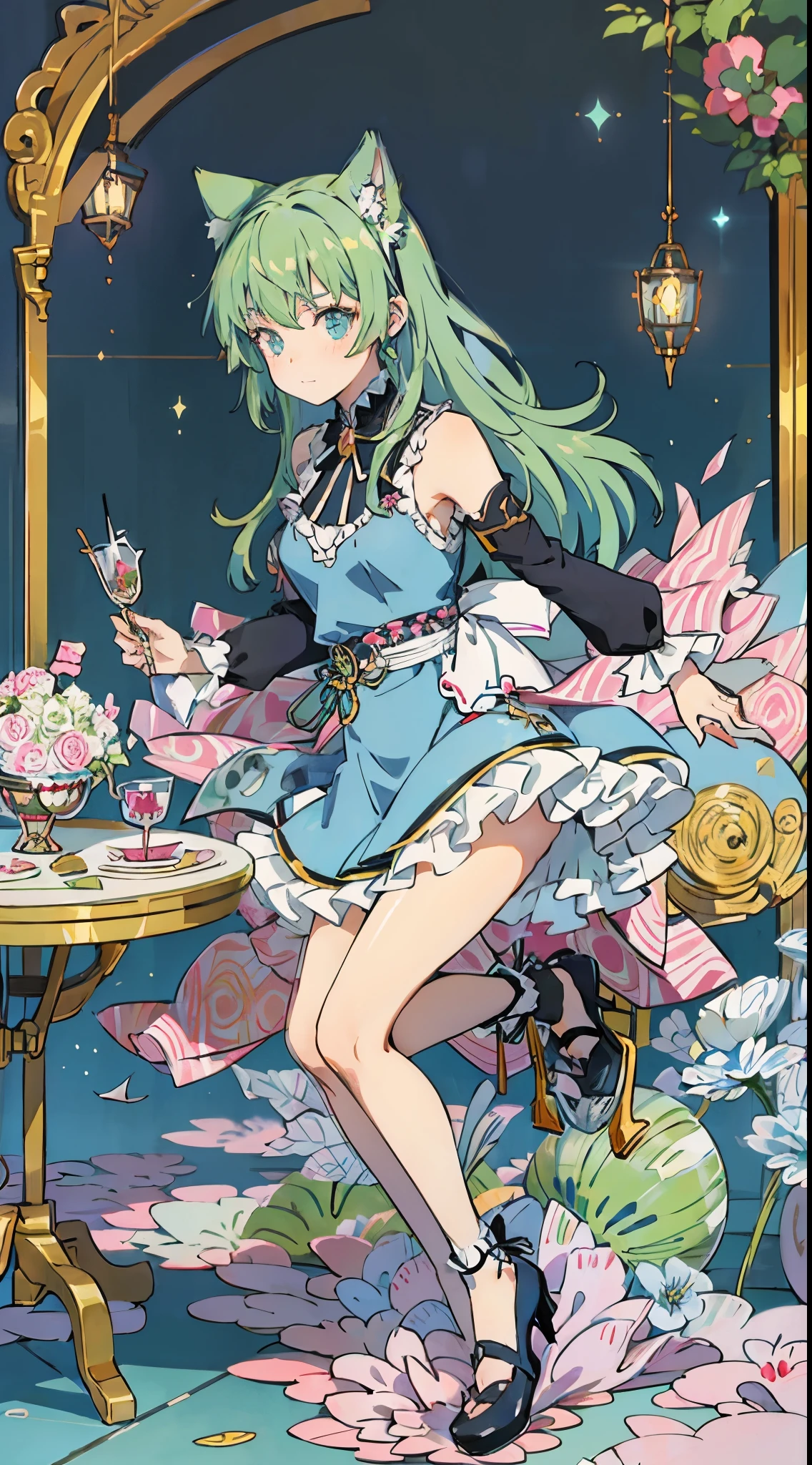 ((table top, highest quality: 1.1), ((Anime girl in a blue dress with a magic wand)), art nouveau、Anime cat girl wearing a maid costume, , ((Green hairs))、long haired person、((Eyes that shine like jewels, long eyelashes, and a sense of transparency))、Very Beautiful Anime cat girl, アニメcat girl, ((white knee highs)), 魅力的なcat girl, I'm at the candy store,Inspired by Leiko Ikemura, Aya Takano color style, in ryuuou no oshigoto art style, cat girl, A character you admire, rei hiroe、Smiling