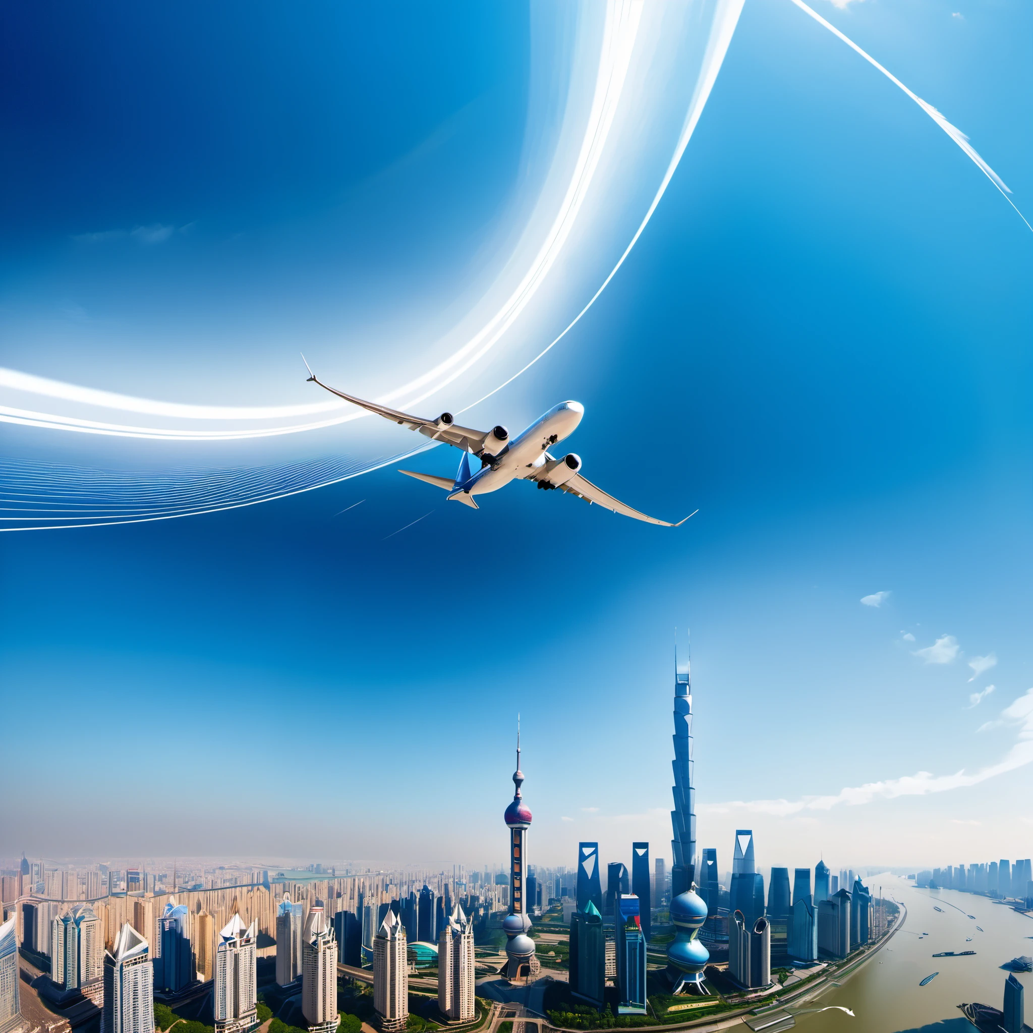 On a blue background,An airplane leaves an artistic trail of white lines in the sky。The curved light and shadow ejected from the tail,The bifurcation extends to the upper left and lower left,It's like a crack in time。in the center of the curve,A magnificent scene depicting Shanghai’s landmark buildings。High contrast and natural lighting throughout the image,Delivers sharp and clear results,Create a unique atmosphere。Delicate color grading,Give the picture a sense of layering and artistry。Sharp and accurate focus,Allow viewers to see details and elements clearly。This surrealist masterpiece showcases extraordinary imagination and unique style