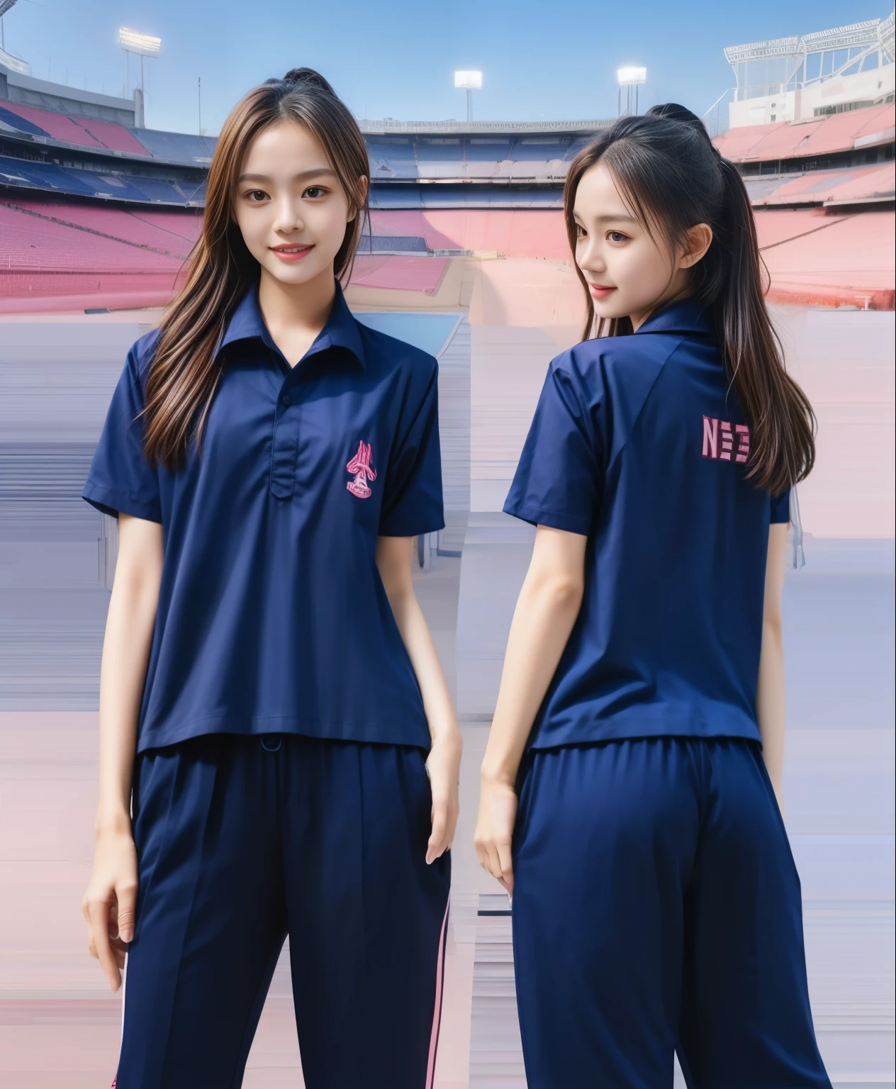 (best quality,10,10,height,Masterpiece:1.2),Special details,(realistic,ภาพrealistic,Realistic photos:1.37),1 cute girl on the football field,shiny, ผิวshiny,only,smile softly,BDclothelue shirt:1.3)),short sleeve,shirt, กางเกงขาlong.,(navy_long_track pants:1.1), ((stadium background:1.3)),Dynamic angle,excited,Face focus,dynamic poses,from behind,focus on ass,Masterpiece, best quality, ultra realistic, hyper-detail, 8K resolution, raw photos, Sharp focus, ((Navy blue shirt:1.1)), short sleeve, เส้นทางlong, perfect body, 2 mature women, 18 years old, Cinema-grade lighting system,blue sweatpants,shirtผ้าออกกำลังกาย,correct anatomy,perfect body, correct body, Sharp face, correct bodyทางกายวิภาค, full body, realistic gestures, long-haired, realistic poses,Wear long shorts................................,ช่วงขาlong,Good shape,carved girl, Slender figure, model, Good shape, beautiful body,blue sweatpants, two girls kissing
