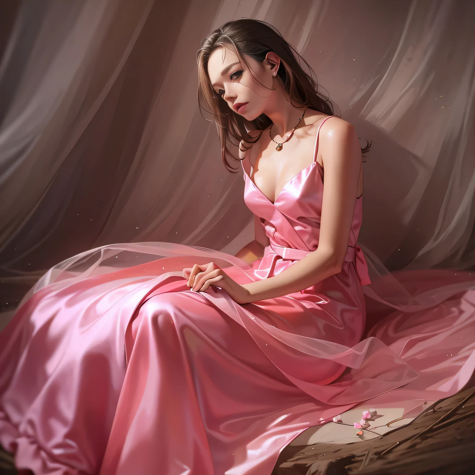 Beautiful woman in vey long translucent pink satin dress