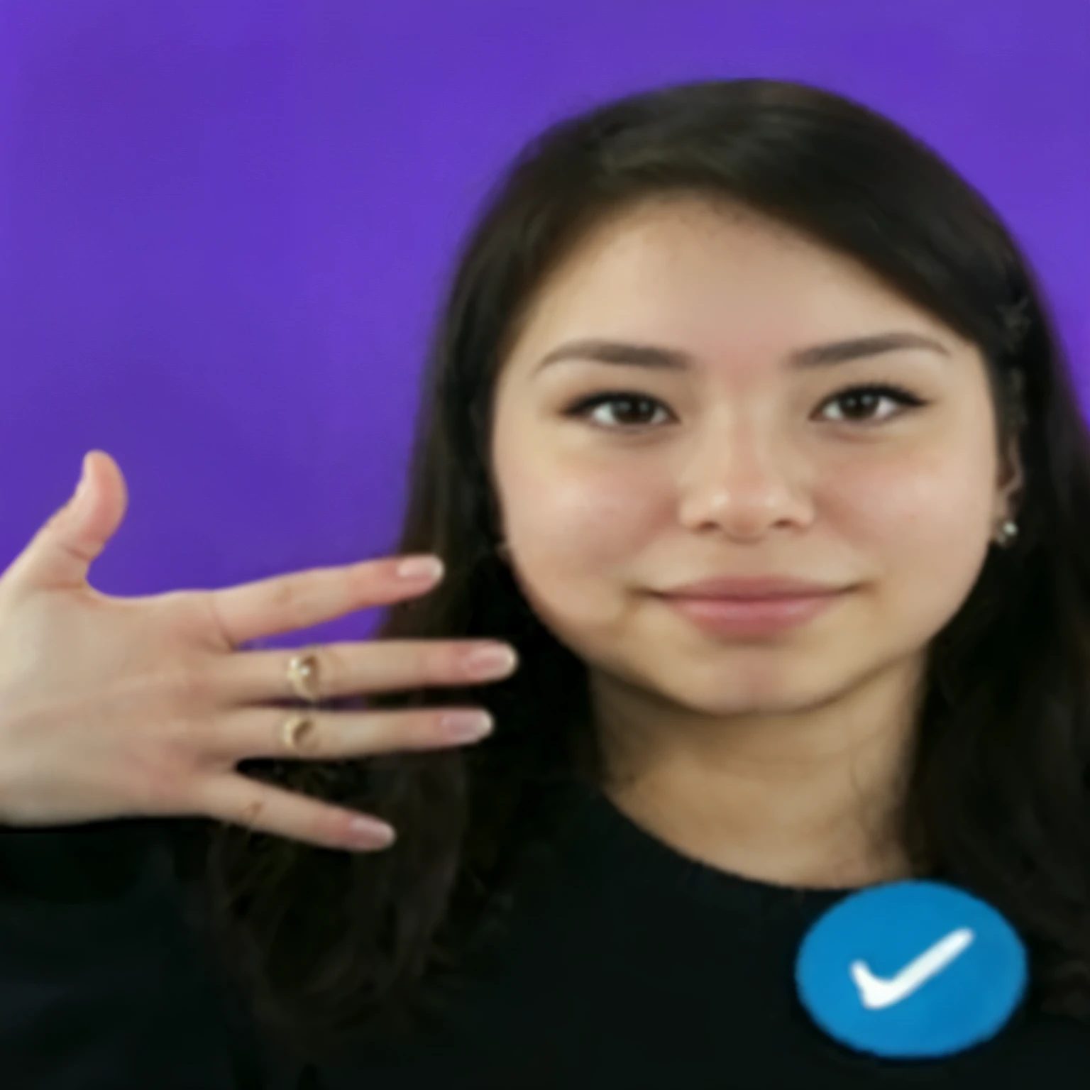 arafed woman making a face with her hands and fingers, hand gesture, hand gestures, hand on cheek, pokimane, sits on a finger, hands not visible, slightly round chin, bump in form of hand, wave a hand at the camera, corrected hand, headshot profile picture, hand instead of a face, point finger with ring on it