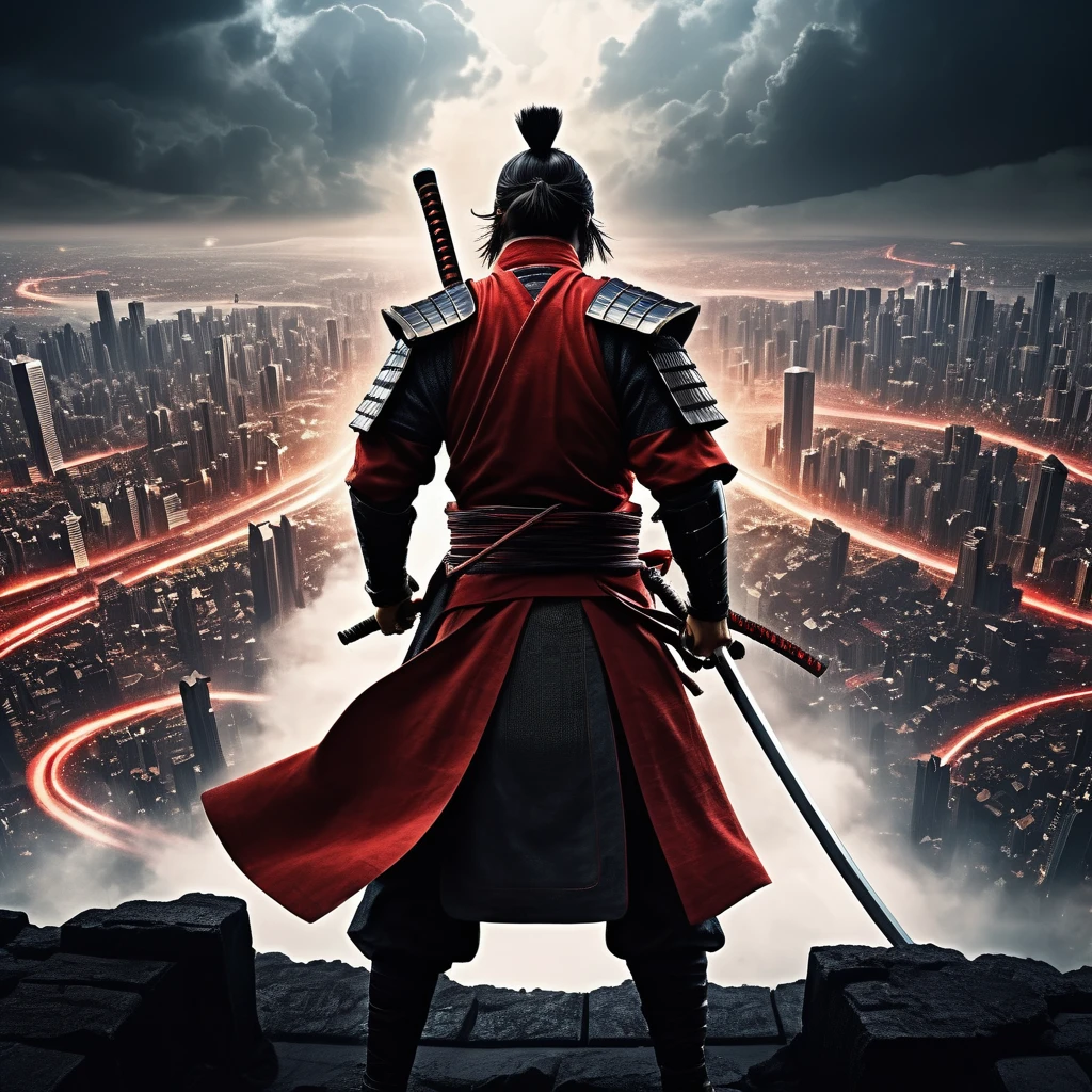 aerial view from back side. (best quality, highres, ultra sharp), heroic future samurai warrior in a intense action, atmospheric perspective in a city inside a infinite battle,, epic action, dark tones of red, brown, yellow, and gray colors, about the curvature of space time, art deco, 3d crunch,