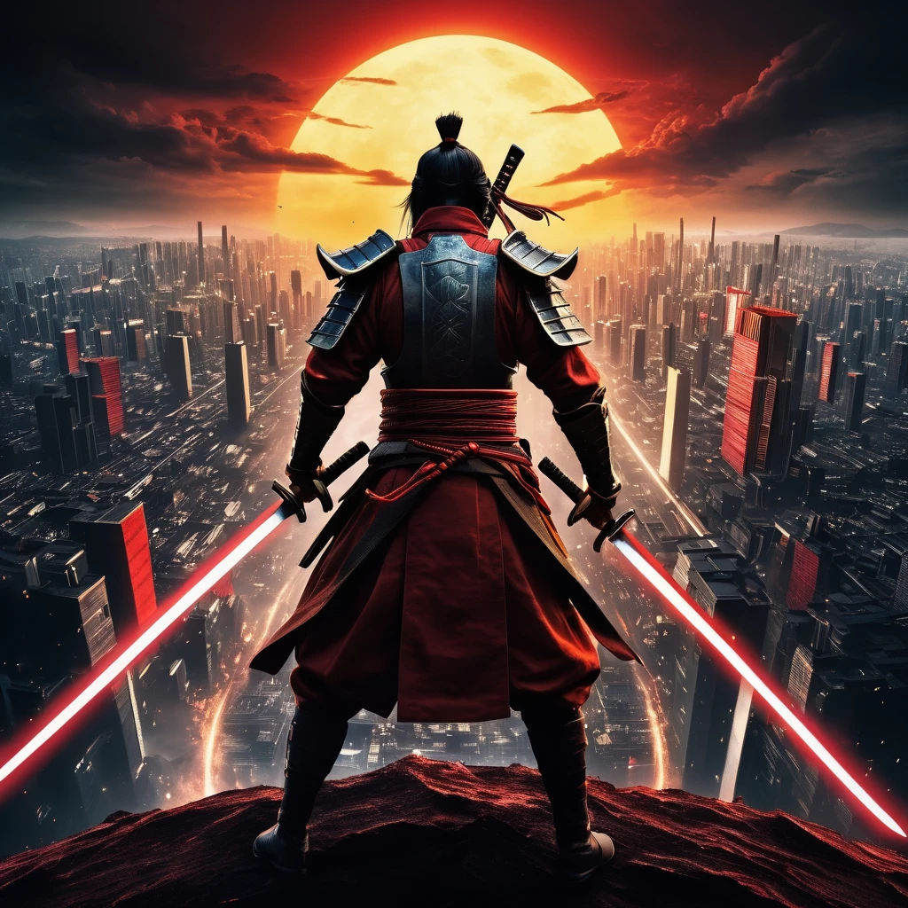 aerial view from back side. (best quality, highres, ultra sharp), heroic future samurai warrior in a intense action, atmospheric perspective in a city inside a infinite battle,, epic action, dark tones of red, brown, yellow, and gray colors, about the curvature of space time, art deco, 3d crunch,