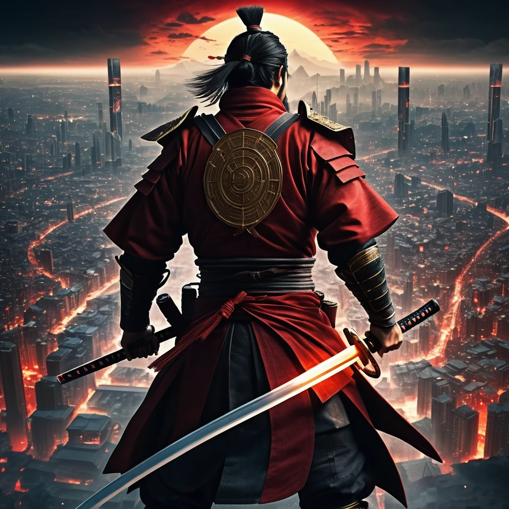 aerial view from back side. (best quality, highres, ultra sharp), heroic future samurai warrior in a intense action, atmospheric perspective in a city inside a infinite battle,, epic action, dark tones of red, brown, yellow, and gray colors, about the curvature of space time, art deco, 3d crunch,