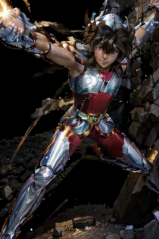 full body photo, real male human similar to Pegasus Seiya in the Saint Seiya movie, short brown Seiya model hair, very tight red short hand shirt and long pants, wearing silver headdress, chest protector, arms and legs, silver belt with blue light on the front, jumping and punching moves, destroyed Athens city background, Ultra HD, smoke and lightning effects, detailed and complicated, hyperrealistic, superrealistic facial skin, very realistic.