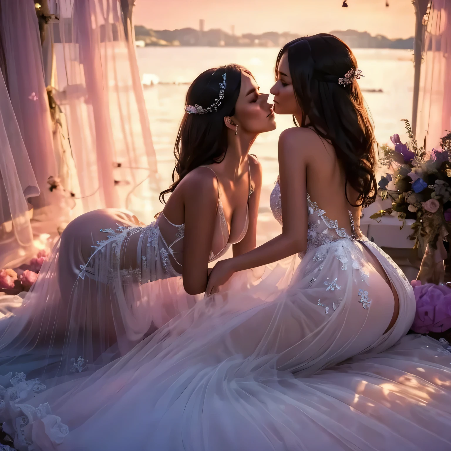 two girl kissing, see her ass,(bright lighting,romantic setting),dreamy background,bondage,dark hair, mesmerizing gaze, , soft skin, alluring beauty, artistic portrait, high-quality image, vibrant colors,translucent silk wedding dress, mosquito net,lying down