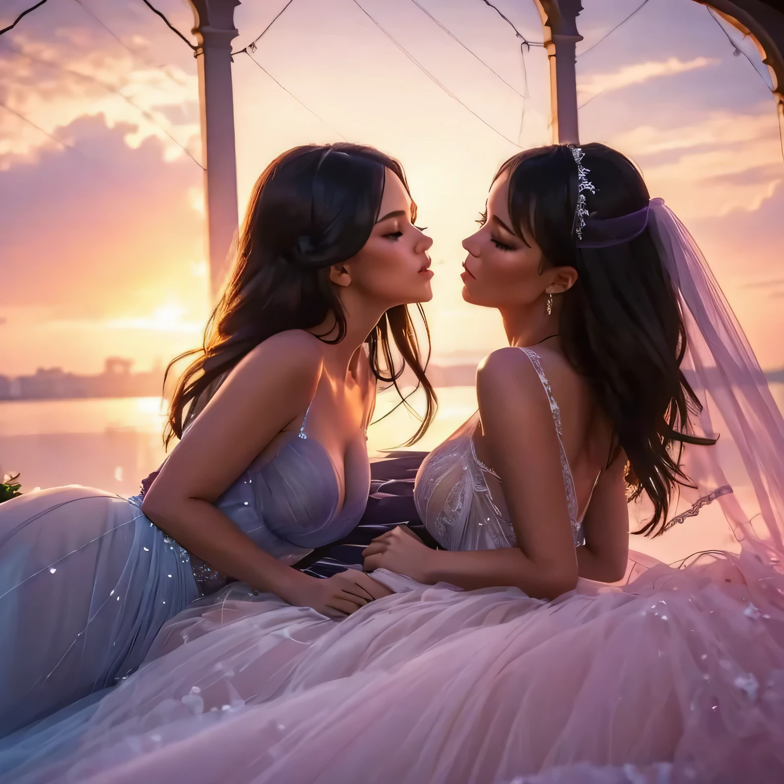 two girl kissing, see her ass,(bright lighting,romantic setting),dreamy background,bondage,dark hair, mesmerizing gaze, , soft skin, alluring beauty, artistic portrait, high-quality image, vibrant colors,translucent silk wedding dress, mosquito net,lying down