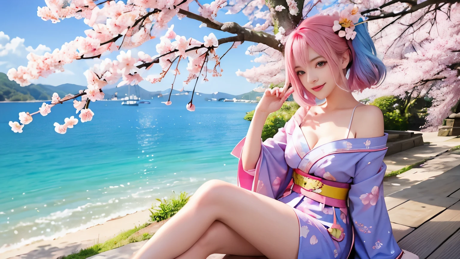 anime, one girl, colorful hair,pink hair and blue hair、 Hair is tangled, pink eyes, Kyoto, cherry blossoms、petal、moon, pink patterned kimono, off shoulder, sitting, alone,cleavage、smile、close up of face