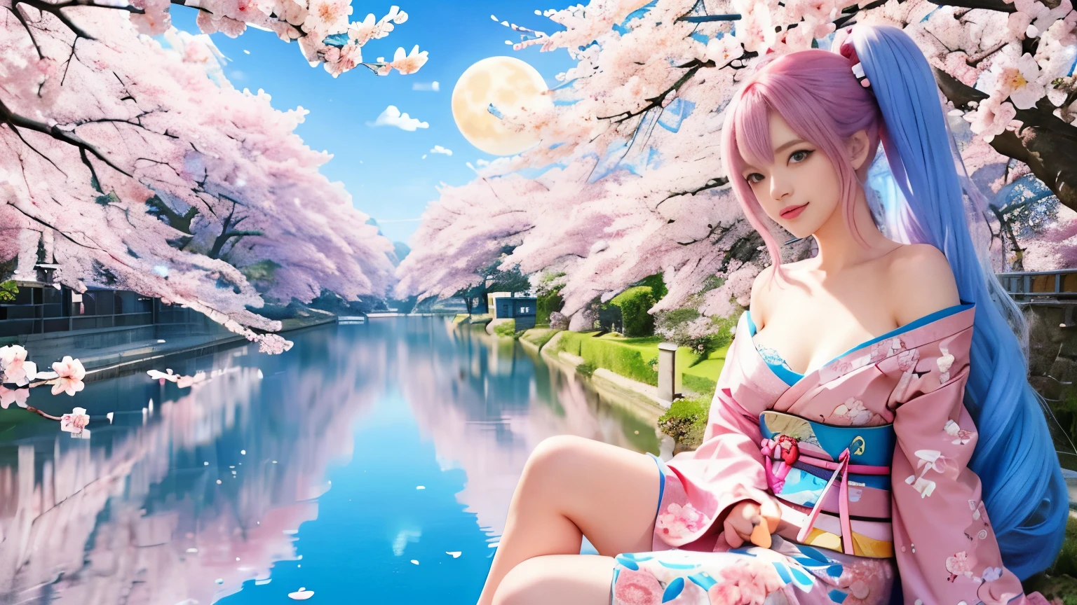 anime, one girl, colorful hair,pink hair and blue hair、 Hair is tangled, pink eyes, Kyoto, cherry blossoms、petal、moon, pink patterned kimono, off shoulder, sitting, alone,cleavage、smile、close up of face