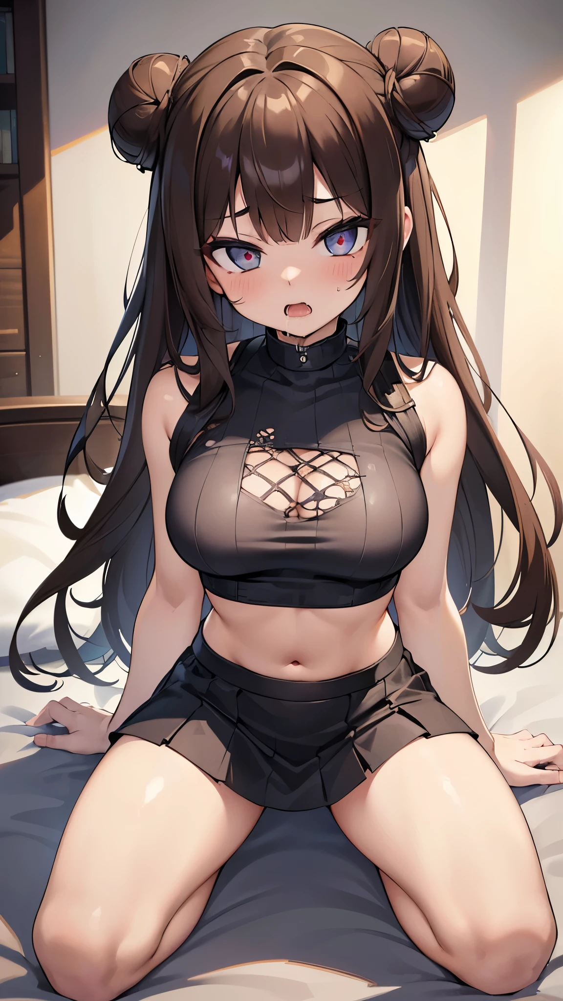 ((masterpiece, best quality, realisitc light, real texture, 8k))
1 girl, solo, long hair, brown hair, perfect body, big , on knees, crop top, mini skirt, fishnet stockin, ripped clothes, ripped top horny face, lustfull eyes, ahegao face, drool, open mouth, look the viewer, bedroom
