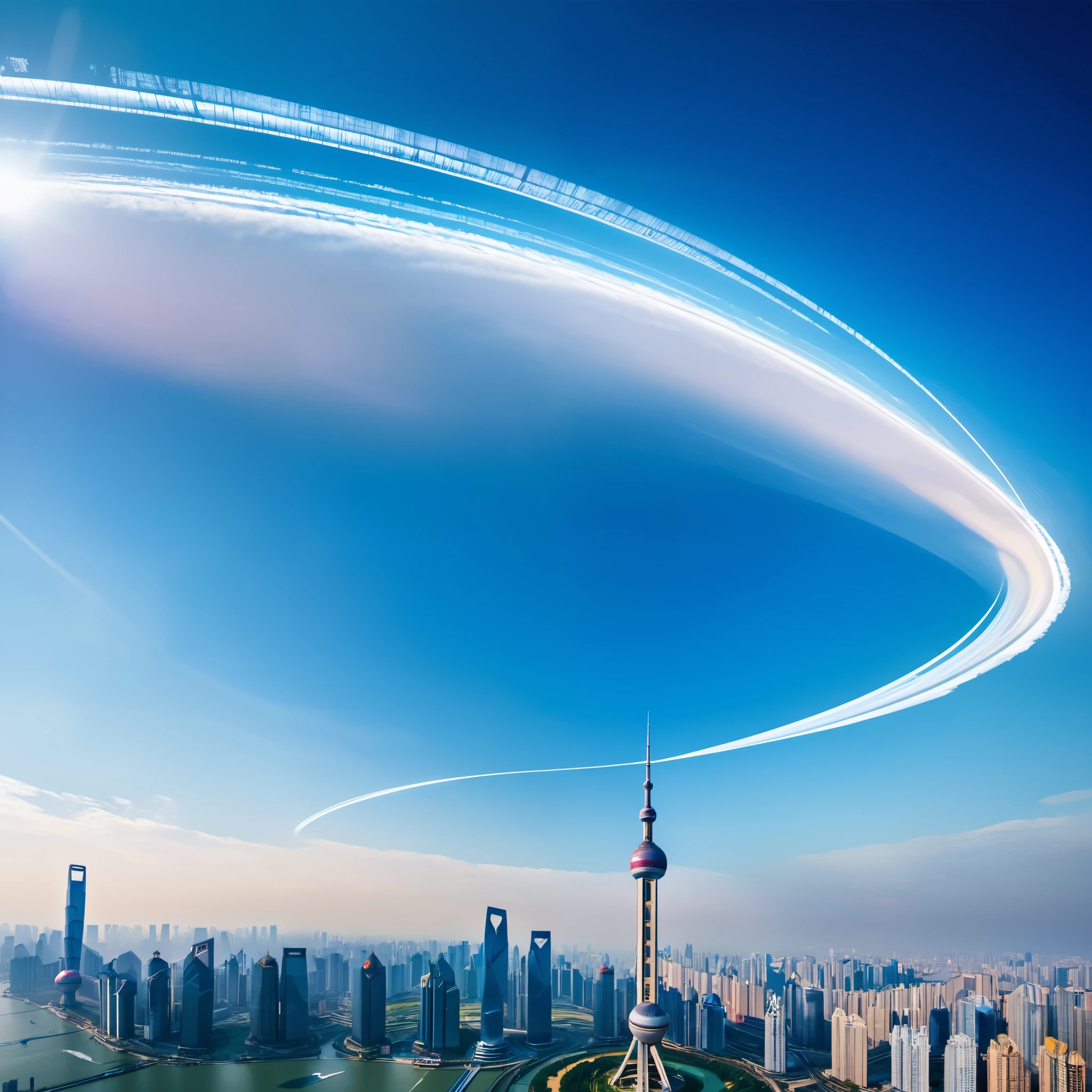 On a blue background,An airplane leaves an artistic trail of white lines in the sky。The curved light and shadow ejected from the tail,The bifurcation extends to the upper left and lower left,It's like a crack in time。in the center of the curve,A magnificent scene depicting Shanghai’s landmark buildings。High contrast and natural lighting throughout the image,Delivers sharp and clear results,Create a unique atmosphere。Delicate color grading,Give the picture a sense of layering and artistry。Sharp and accurate focus,Allow viewers to see details and elements clearly。This surrealist masterpiece showcases extraordinary imagination and unique style