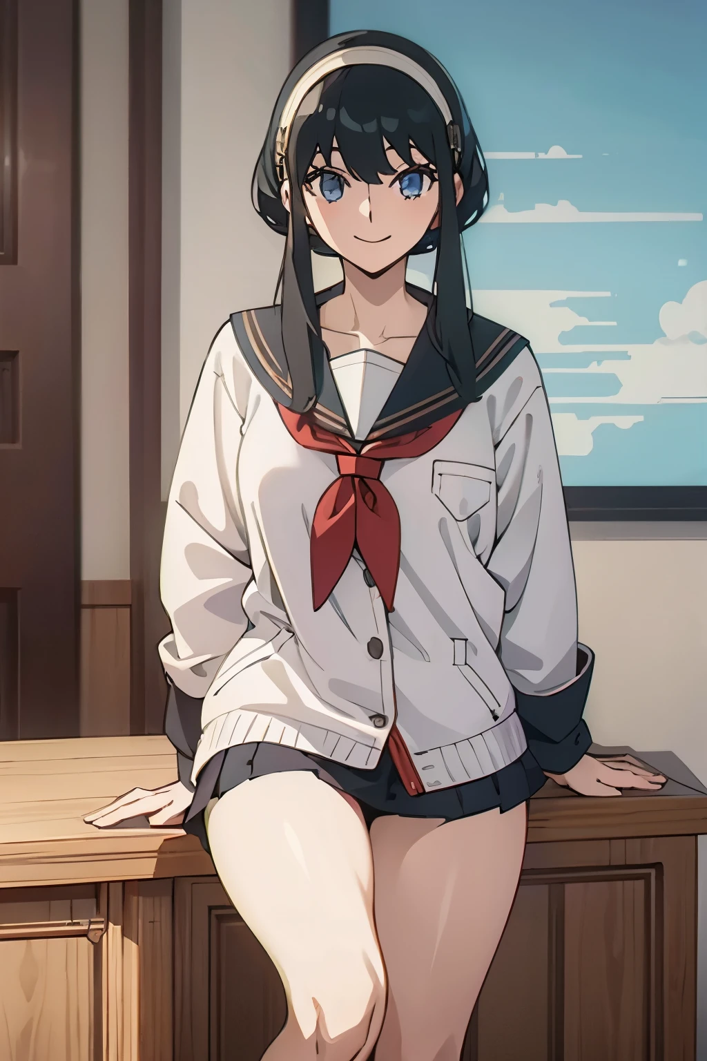 Yolforger、school uniform、sailor suit、show panties to viewer、refreshing smile、sexy pose、black hair、slender line