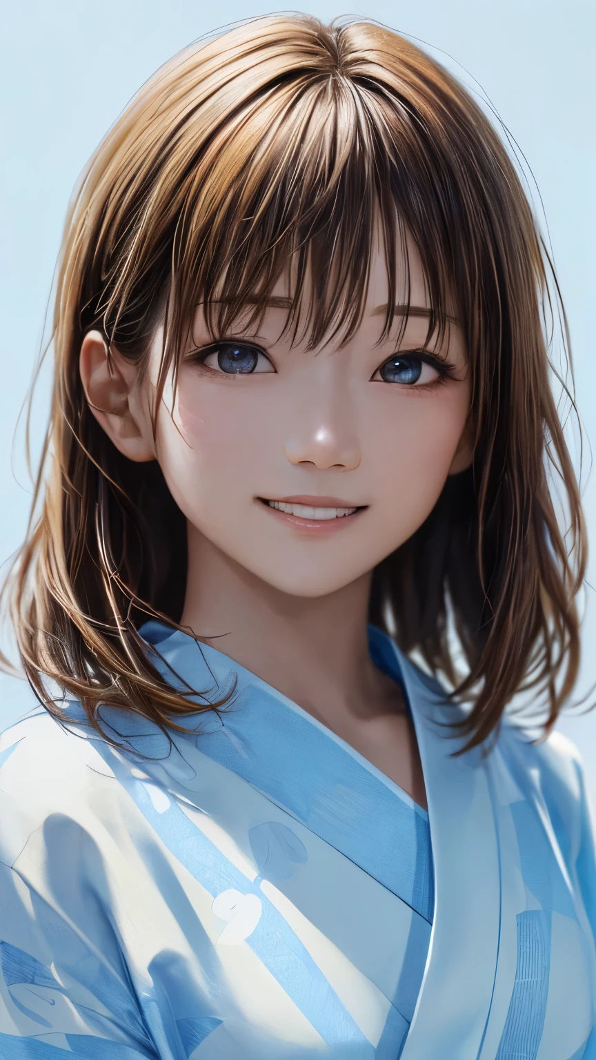 (highest quality、8k、32K、masterpiece)、(realistic)、(Photoreal:1.2)、(High resolution)、Super detailed、very beautiful face and eyes、1 girl、round and small face、thin waist、delicate body、(close、highest quality、high detail、rich skin details)、(highest quality、8k、oil paint:1.2)、Super detailed、(realistic、realistic:1.37)、bright colors、(((I&#39;m blonde)))、(((bust shot)))、(((medium hair、blonde hair)))、(((pure white wall background)))、(((Will)))、(((pure white wall background)))、(((水玉模様の浴衣を着ていWill)))、(((A white and light blue yukata)))、(((light blue dot pattern)))、(((I&#39;m smiling)))、(((髪の毛をかき上げていWill)))、(((正面を向いていWill)))