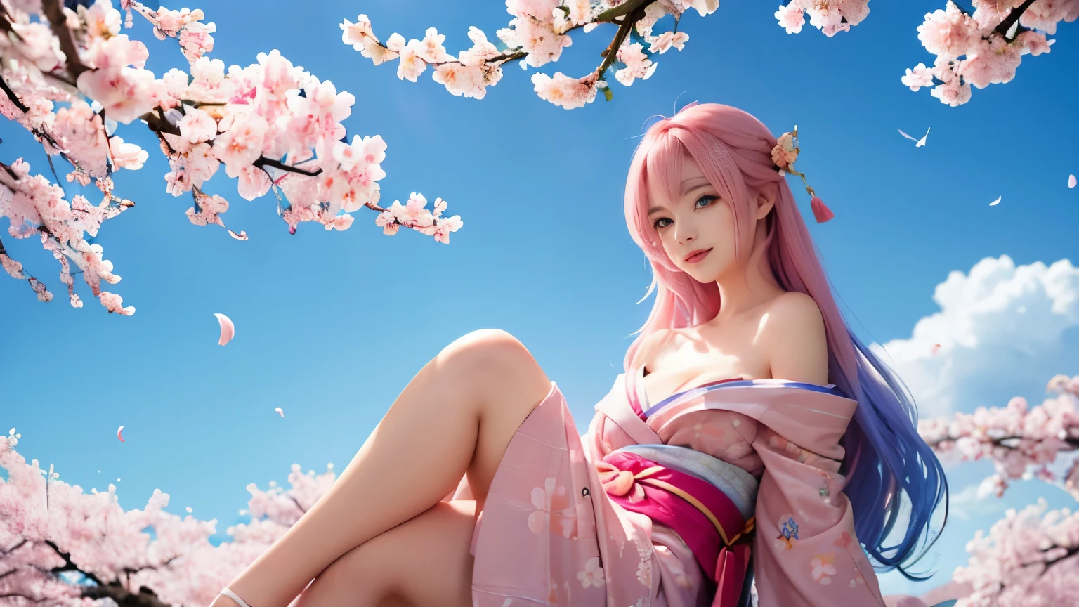 anime, one girl, colorful hair,pink hair and blue hair、 Hair is tangled, pink eyes, Kyoto, cherry blossoms、petal、moon, pink patterned kimono, off shoulder, sitting, alone,cleavage、smile、close up of face