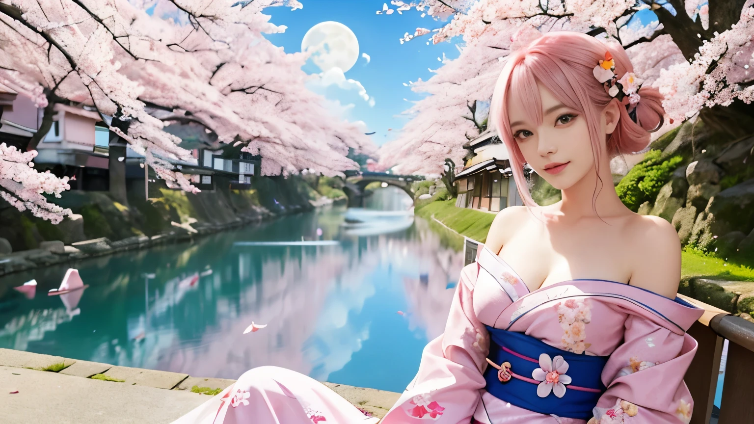 anime, one girl, colorful hair,pink hair and blue hair、 Hair is tangled, pink eyes, Kyoto, cherry blossoms、petal、moon, pink patterned kimono, off shoulder, sitting, alone,cleavage、smile、close up of face