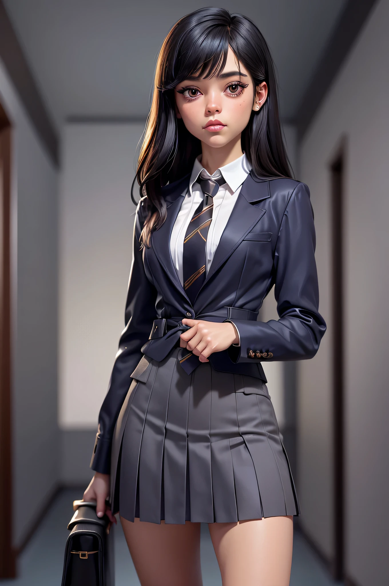 Jenna Ortega, 16 years, (One:1.1), Jenna Ortega, perfect face, (((night skirt suit))), (((pleated school miniskirt))), (((night color jacket))), (((Silk tie))), Windsor tie, (((White shirt))), shirt under vest, cup size three, (((Night color miniskirt with 1 horizontal gold stripe))), (((night color vest))), One focus, fully dressed, elegantly dressed, frowning, closed mouth, shoulder length hair, straight bangs, split up in the middle, black hair, Dark brown eyes, beautiful detailed eyes，bright students，（very good and beautiful), (Beautiful and detailed description of the eyes), [[gentle fingers and hands:0.55]::0.85], (detail fingers), Facing the camera, (Background with：school corridor，mystical atmosphere), (Illustration, cartoon, Masterpiece, very detailed, Best quality，cinematic lighting，muted colors, detailed background, A high resolution)