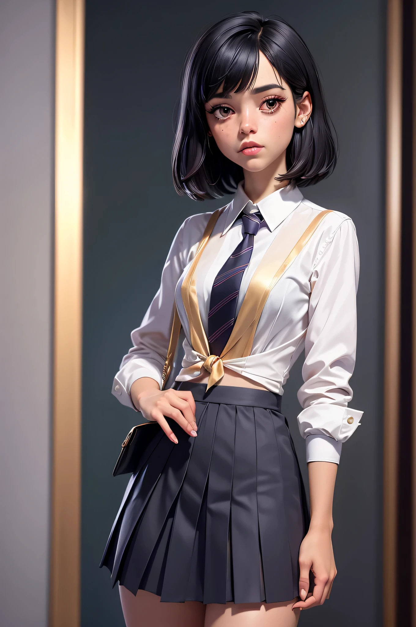 Jenna Ortega, 16 years, (One:1.1), Jenna Ortega, perfect face, (((night skirt suit))), (((pleated school miniskirt))), (((night color jacket))), (((Silk tie))), Windsor tie, (((White shirt))), shirt under vest, cup size three, (((Night color miniskirt with 1 horizontal gold stripe))), (((night color vest))), One focus, fully dressed, elegantly dressed, Grumpy expression, closed mouth, short hair, straight bangs, split up in the middle, black hair, Dark brown eyes, beautiful detailed eyes，bright students，（very good and beautiful), (Beautiful and detailed description of the eyes), [[gentle fingers and hands:0.55]::0.85], (detail fingers), Facing the camera, (Background with：school corridor，mystical atmosphere), (Illustration, cartoon, Masterpiece, very detailed, Best quality，cinematic lighting，muted colors, detailed background, A high resolution)