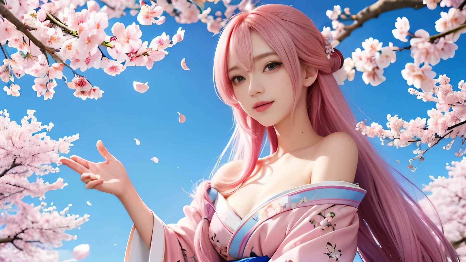anime, one girl, colorful hair,pink hair and blue hair、 Hair is tangled, pink eyes, Kyoto, cherry blossoms、petal、moon, pink patterned kimono, off shoulder, sitting, alone,cleavage、smile、close up of face