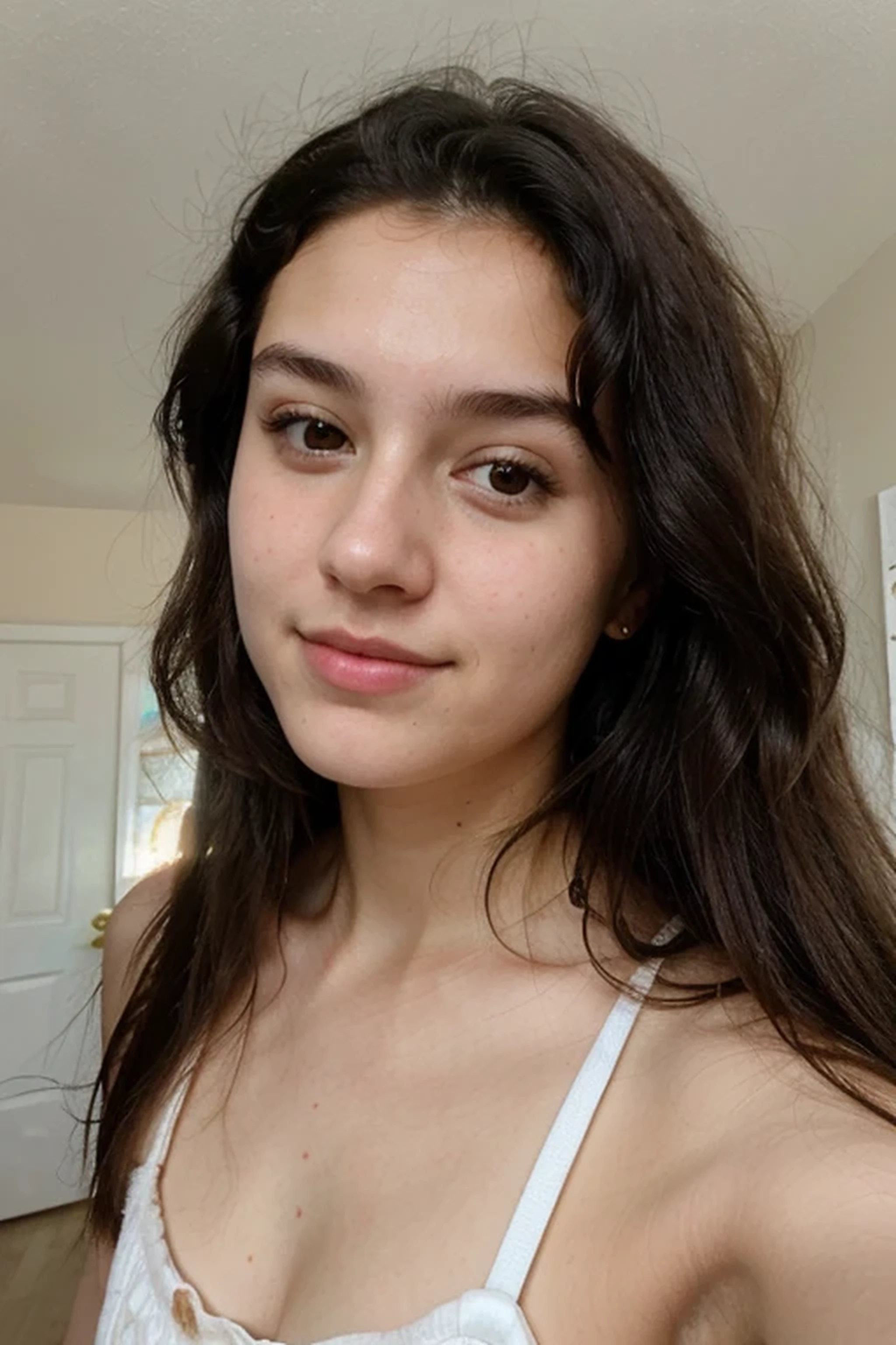 portrait of 21-year-old woman, beautiful woman, normal face, no makeup, 4k, messy hair, black hair, cute girl