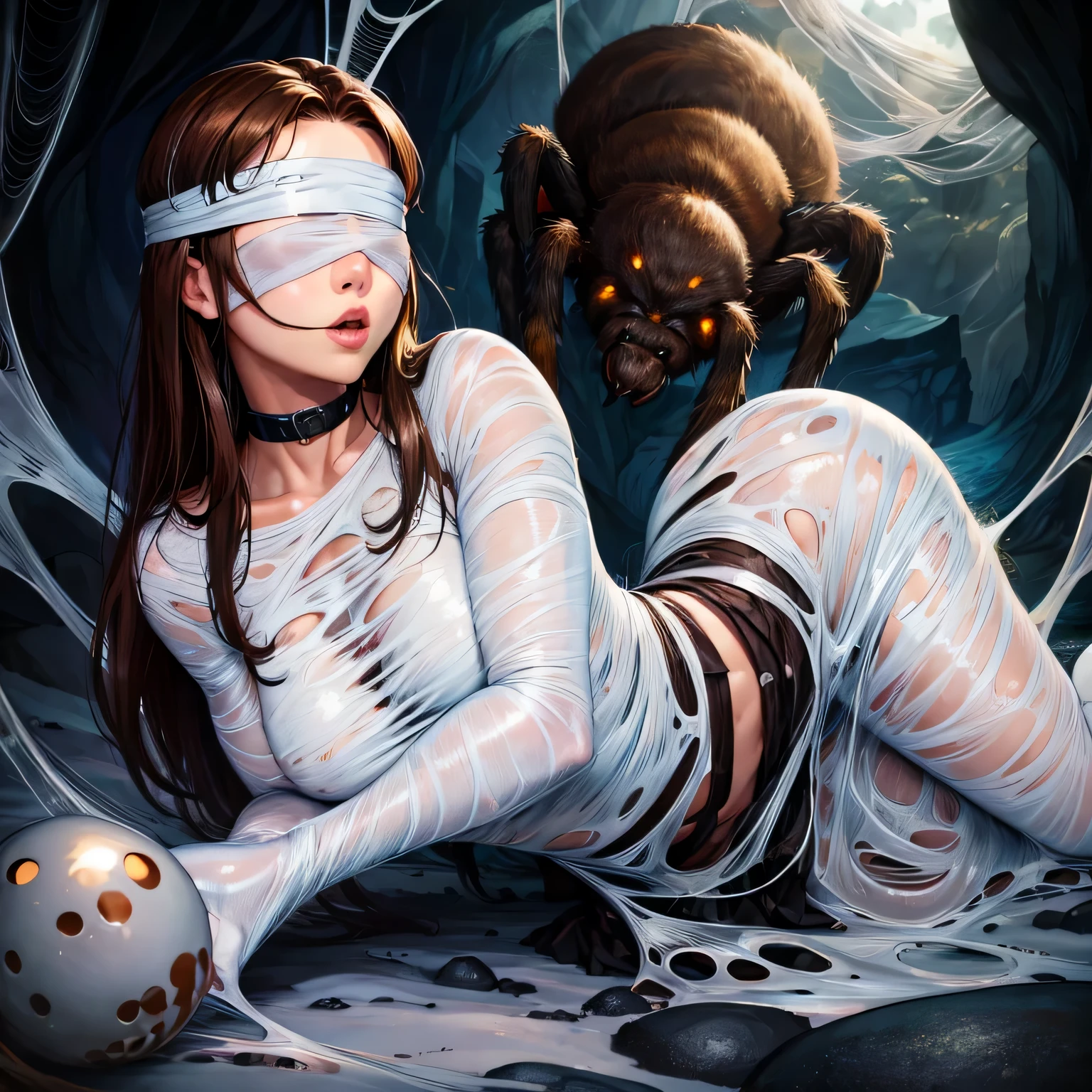 1girl,Spider weaves a net on a girl, very realistic, very detailed,bed,stretched, dark cave, struggle in the net,brown haired, very long sheer skirt,lying down,(blindfold:1.4),(ballgag:1.4)