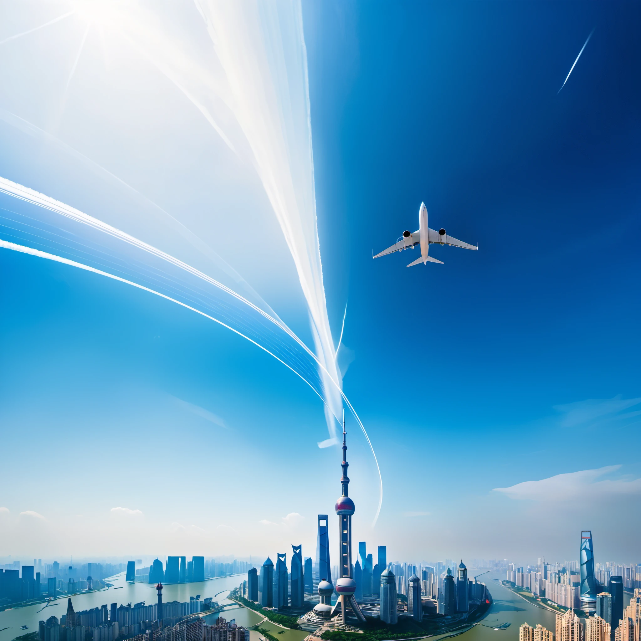 On a blue background，An airplane leaves an artistic trail of white lines in the sky。The curved light and shadow ejected from the tail，The bifurcation extends to the upper left and lower left，It&#39;s like a crack in time。in the center of the curve，A magnificent scene depicting Shanghai’s landmark buildings。High contrast and natural lighting throughout the image，Delivers sharp and clear results，Create a unique atmosphere。Delicate color grading，Give the picture a sense of layering and artistry。Sharp and accurate focus，Allow viewers to see details and elements clearly。This surrealist masterpiece showcases extraordinary imagination and unique style