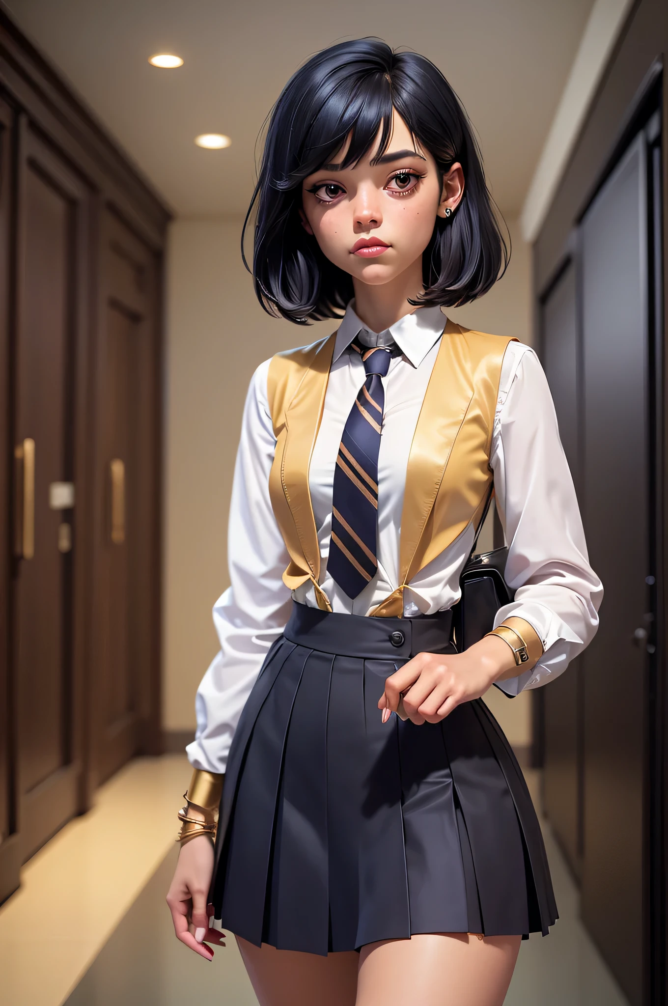 1 girl, depth of field, focus on face, close up shot, intimate shot, posing, kneeling, arms behind her back, arched back, black hair, Argentina national team shirt, black skirt, waist high skirt, leash, collar, freckles