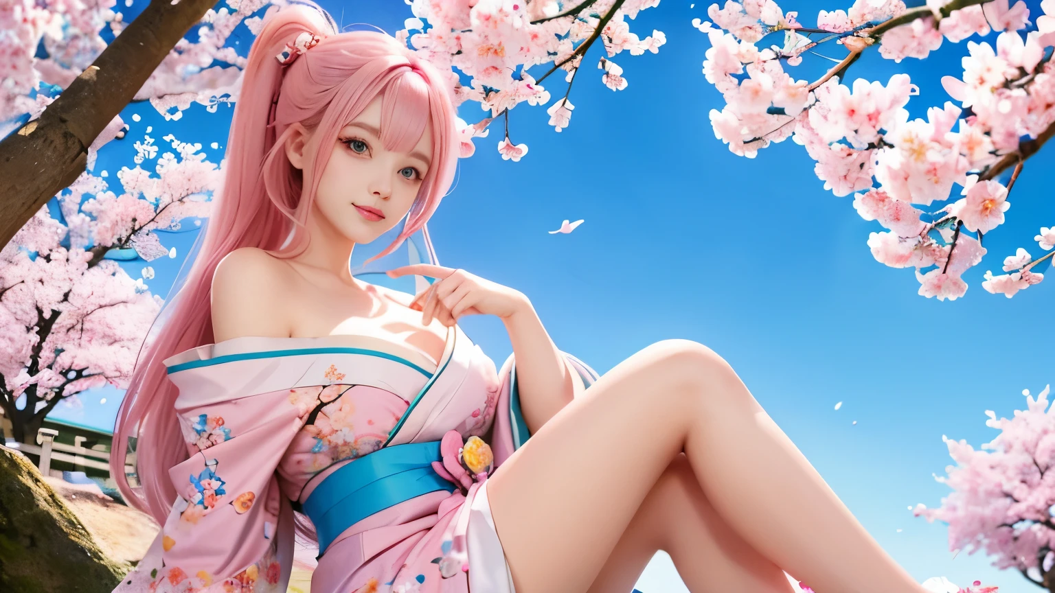 anime, one girl, colorful hair,pink hair and blue hair、 Hair is tangled, pink eyes, Kyoto, cherry blossoms、petal、moon, pink patterned kimono, off shoulder, sitting, alone,cleavage、smile、close up of face