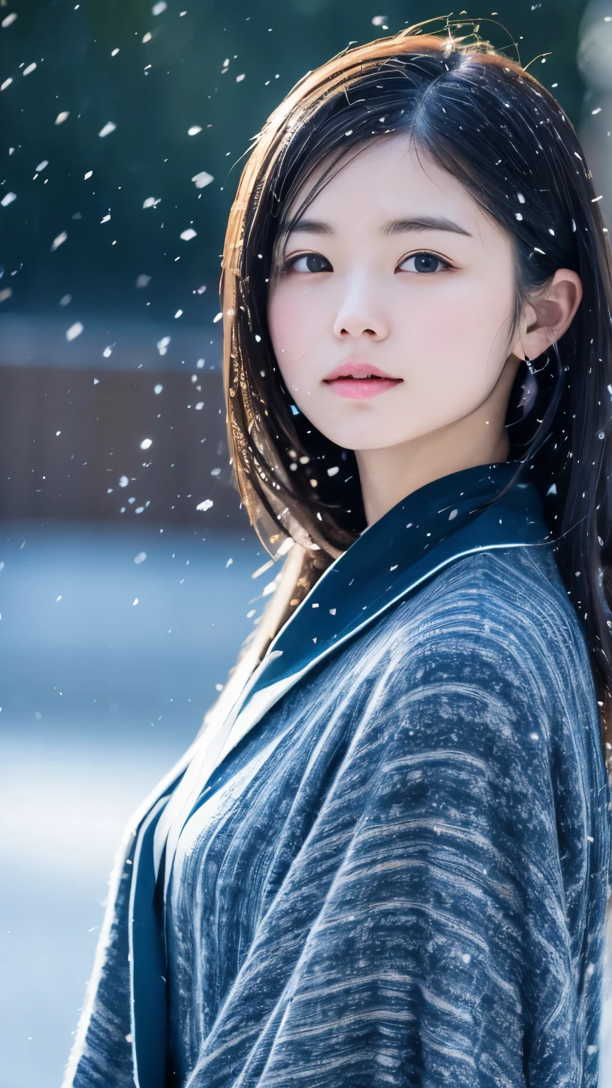 (kimono)、、(highest quality,masterpiece:1.3,超A high resolution,),(Super detailed,caustics),(Photoreal:1.4,RAW shooting,)ultra-realistic capture,very detailed,High resolution 16K suitable for human skin、 skin texture is natural、、Skin tone looks even and healthy、 Use natural light and color,one woman,Japanese,,cute,black haired,middle hair,(written boundary depth、chromatic aberration、、wide lighting range、natural shading、)、、(falling snow:1.3)、(hair swaying in the wind:1.3)、(Snow reflects light:1.3)