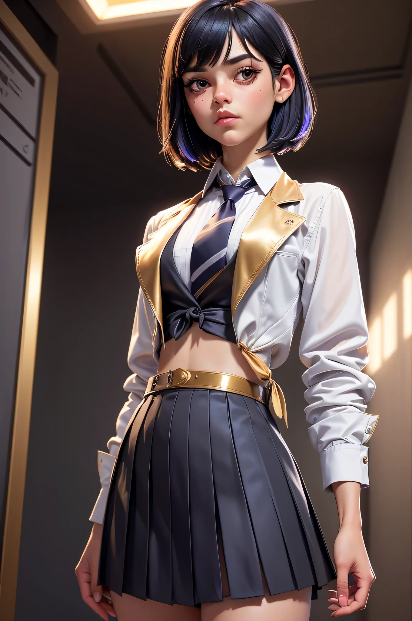Jenna Ortega, , gynoid physics, (One:1.1), Jenna Ortega, perfect face, (((night skirt suit))), (((pleated school miniskirt))), (((night color jacket))), (((Silk tie))), Windsor tie, (((White shirt))), shirt under vest, cup size three, (((Night color miniskirt with 1 horizontal gold stripe))), (((night color vest))), One focus, fully dressed, elegantly dressed, Grumpy expression, closed mouth, short hair, straight bangs, split up in the middle, black hair, Dark brown eyes, beautiful detailed eyes，bright students，（very good and beautiful), (Beautiful and detailed description of the eyes), [[gentle fingers and hands:0.55]::0.85], (detail fingers), Facing the camera, (Background with：school corridor，mystical atmosphere), (Illustration, cartoon, Masterpiece, very detailed, Best quality，cinematic lighting，muted colors, detailed background, A high resolution)