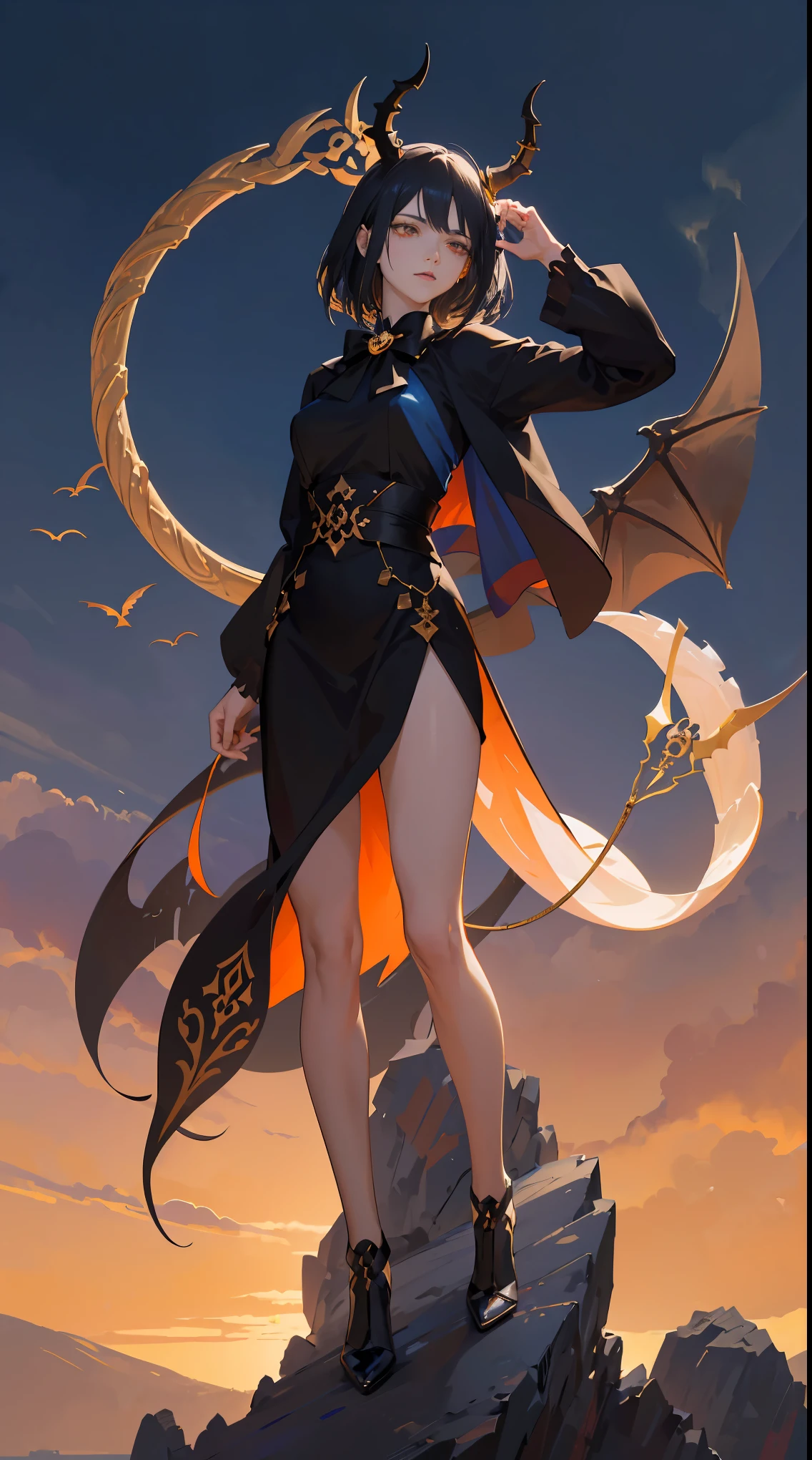 Seven Rhaeyar, Ancient Star goddess, Perfect female anatomy (Adult Female, 166cm in height, pale skin, slim, slender, 34D breast size, Dark Orange Eyes with beautiful details, Long Straight Black Hair, Beauty Mark Mole on right cheek bone, a set of black horns on her head), Neutral facial expression, Elegant white dress with black bow tie, blue coat knee length, dragon motifs, gold and rope accessories, View of the open blue sky with only clouds, receiving light from the front, Ethereal glow