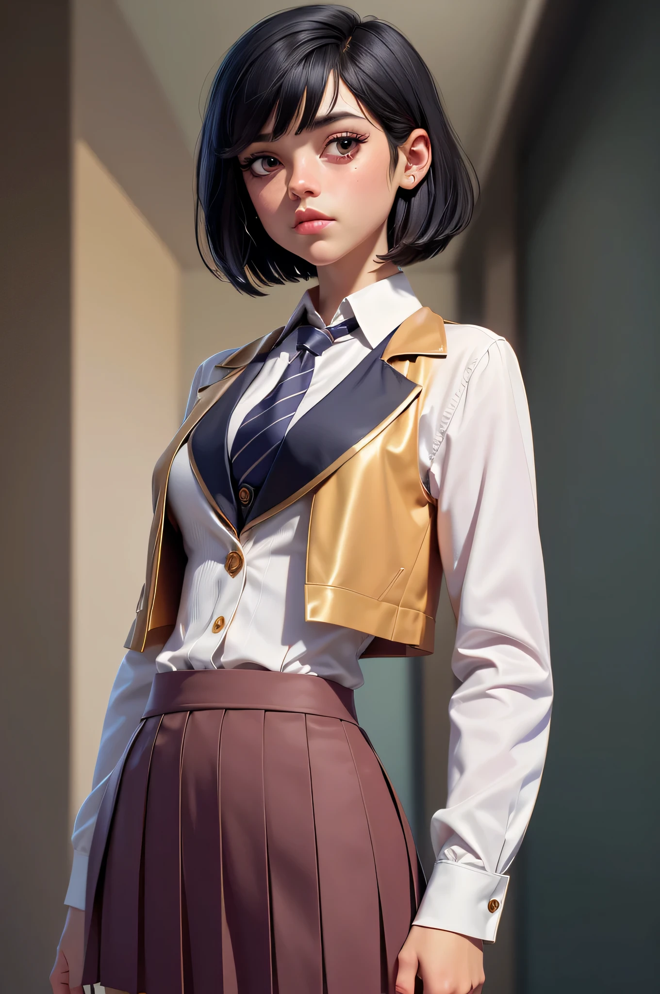 Jenna Ortega, 16 years, gynoid physics, (One:1.1), Jenna Ortega, perfect face, (((night skirt suit))), (((pleated school miniskirt))), (((night color jacket))), (((Silk tie))), Windsor tie, (((White shirt))), shirt under vest, cup size three, (((Night color miniskirt with 1 horizontal gold stripe))), (((night color vest))), One focus, fully dressed, elegantly dressed, Grumpy expression, closed mouth, short hair, straight bangs, split up in the middle, black hair, Dark brown eyes, beautiful detailed eyes，bright students，（very good and beautiful), (Beautiful and detailed description of the eyes), [[gentle fingers and hands:0.55]::0.85], (detail fingers), Facing the camera, (Background with：school corridor，mystical atmosphere), (Illustration, cartoon, Masterpiece, very detailed, Best quality，cinematic lighting，muted colors, detailed background, A high resolution)