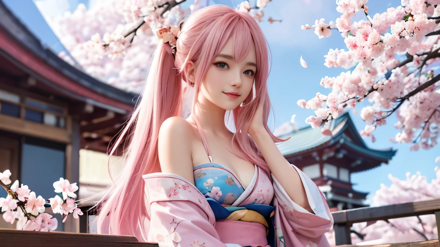 anime, one girl, colorful hair,pink hair and blue hair、 Hair is tangled, pink eyes, Kyoto, cherry blossoms、petal、moon, pink patterned kimono, off shoulder, sitting, alone,cleavage、smile、close up of face