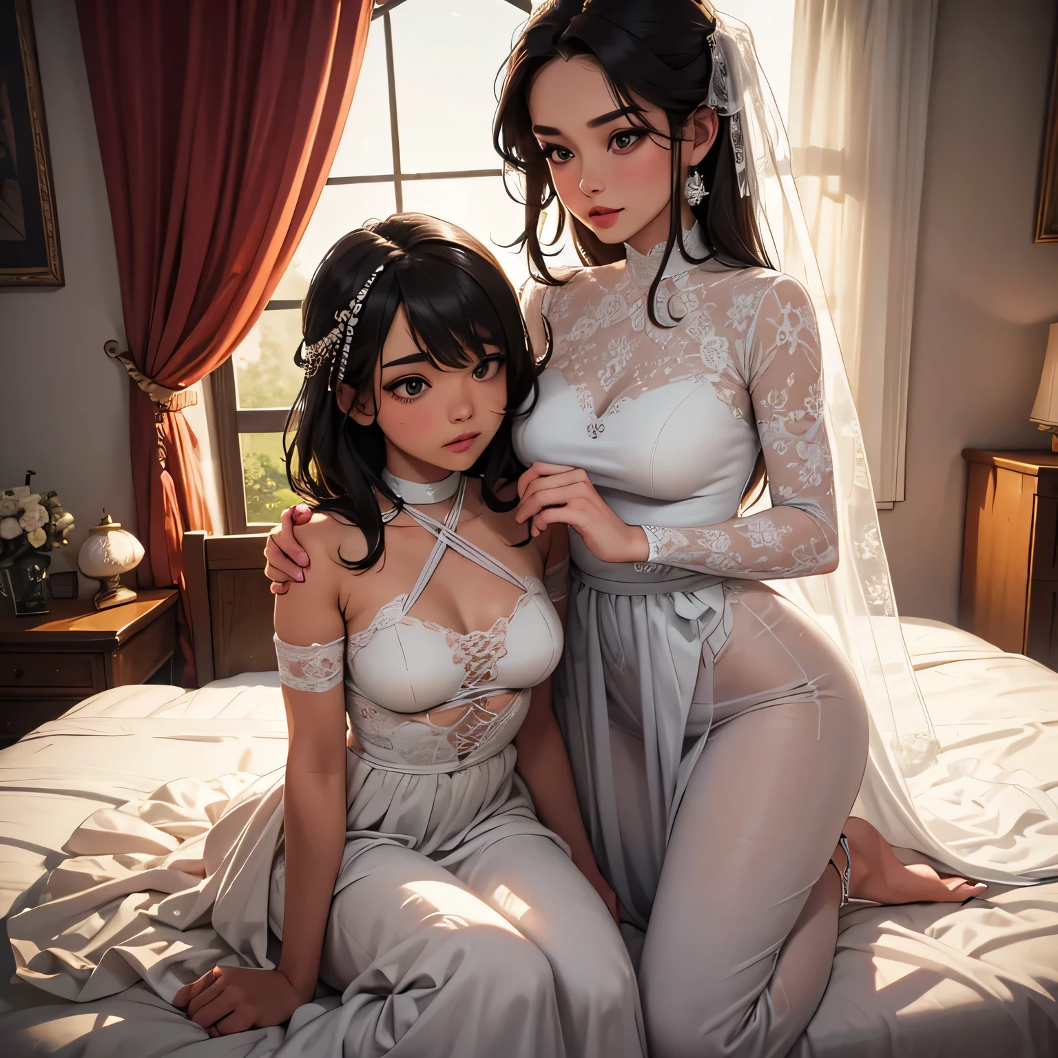 two girl in rope bondage,(bright lighting,romantic setting),dreamy background,bondage,dark hair, mesmerizing gaze, , soft skin, alluring beauty, artistic portrait, high-quality image, vibrant colors, in the bed, mosquito net, rope bondage, bridal dress