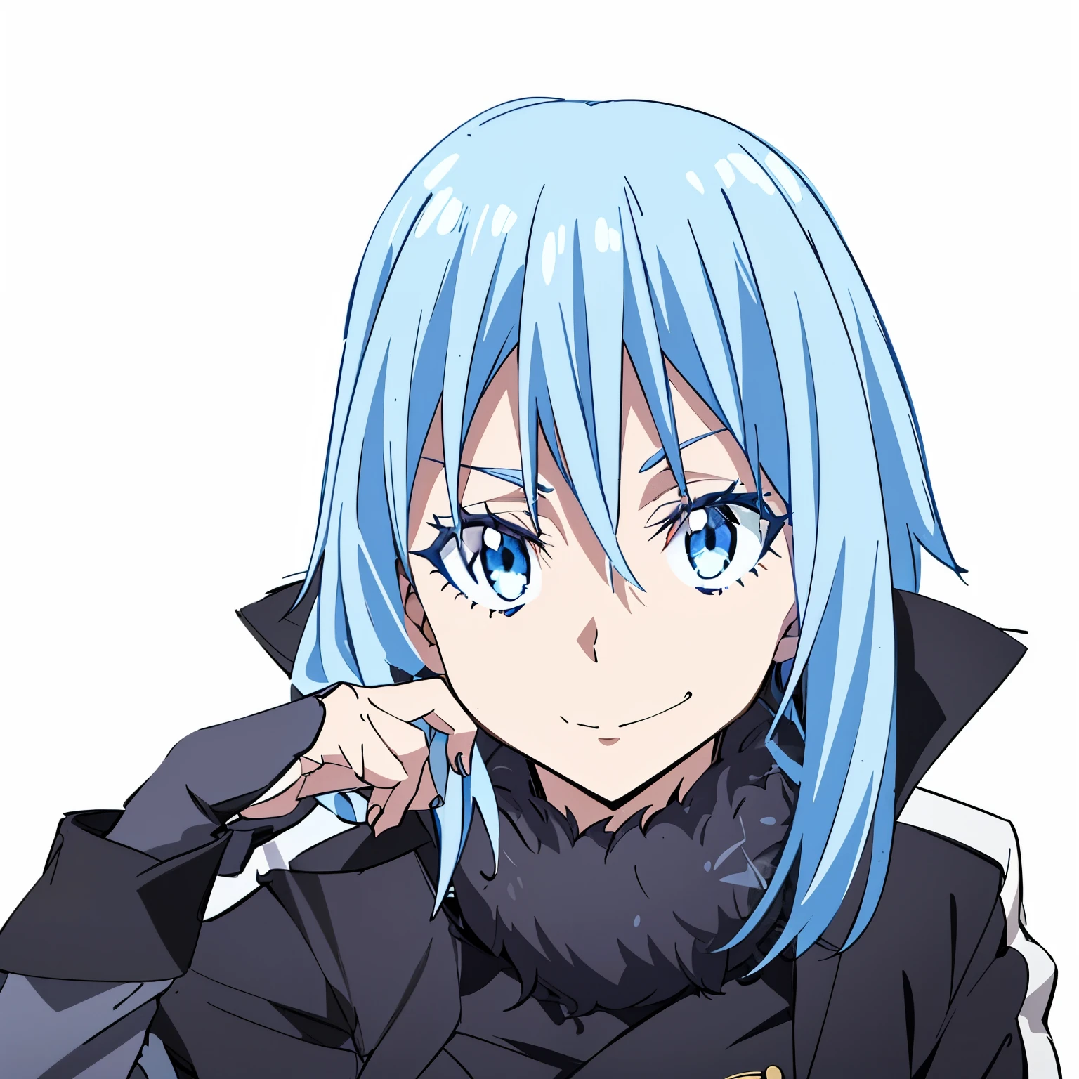 anime - style image of a woman with blue hair and a black jacket, tensei shitara slime datta ken, profile shot of rimuru tempest, reincarnated as a slime, full face shot of rimuru tempest, rimuru tempest, rimuru, roguish smirk, tensura