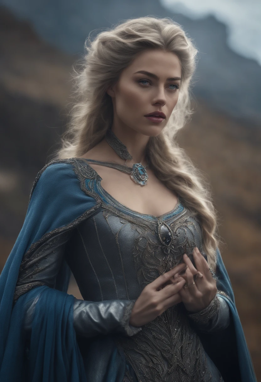 Vintage style fantasy, Masterpiece, Magnificent art, Best quality, 1girll, (ohwx woman) Close up girl Nordic princess played by Amber Heard, Scandinavian mountains, Winter weather, symmetrical and hyper detailed face, Silky skin like peach silk, Energetic and aggressive silver eyes, Gray and messy hair that goes all the way to the waist, Sculptural body, a white witch, witch clothes (fantasy, acts of the 13th - 14th century) ice magic, makes magic showing ice spikes floting in her hands, Blue magic sparks, focused expression (spark of light: 0.7), Adobe illustration, Trand on Artstation, 8K, HD, hyper HD, Cool soft lighting,  --q 500 --s 100, -- mysticism,fantasy,witchcraft,8k render, HDR, photorealism,