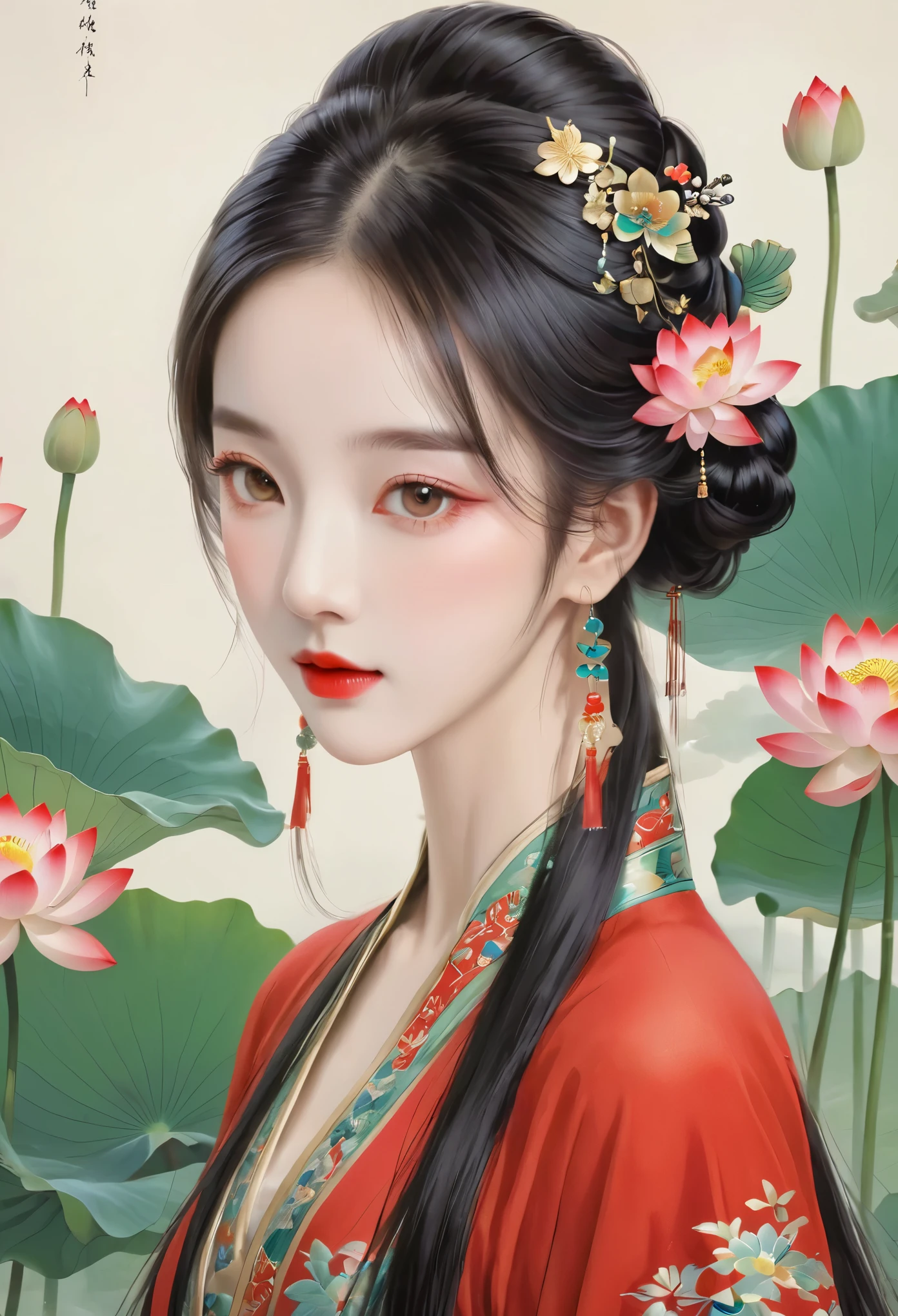 Chinese meticulous painting,Draw a beautiful girl,long black hair,exquisite makeup,red eye shadow,red lips,lotus leaf,lotus,clean background,smooth lines,